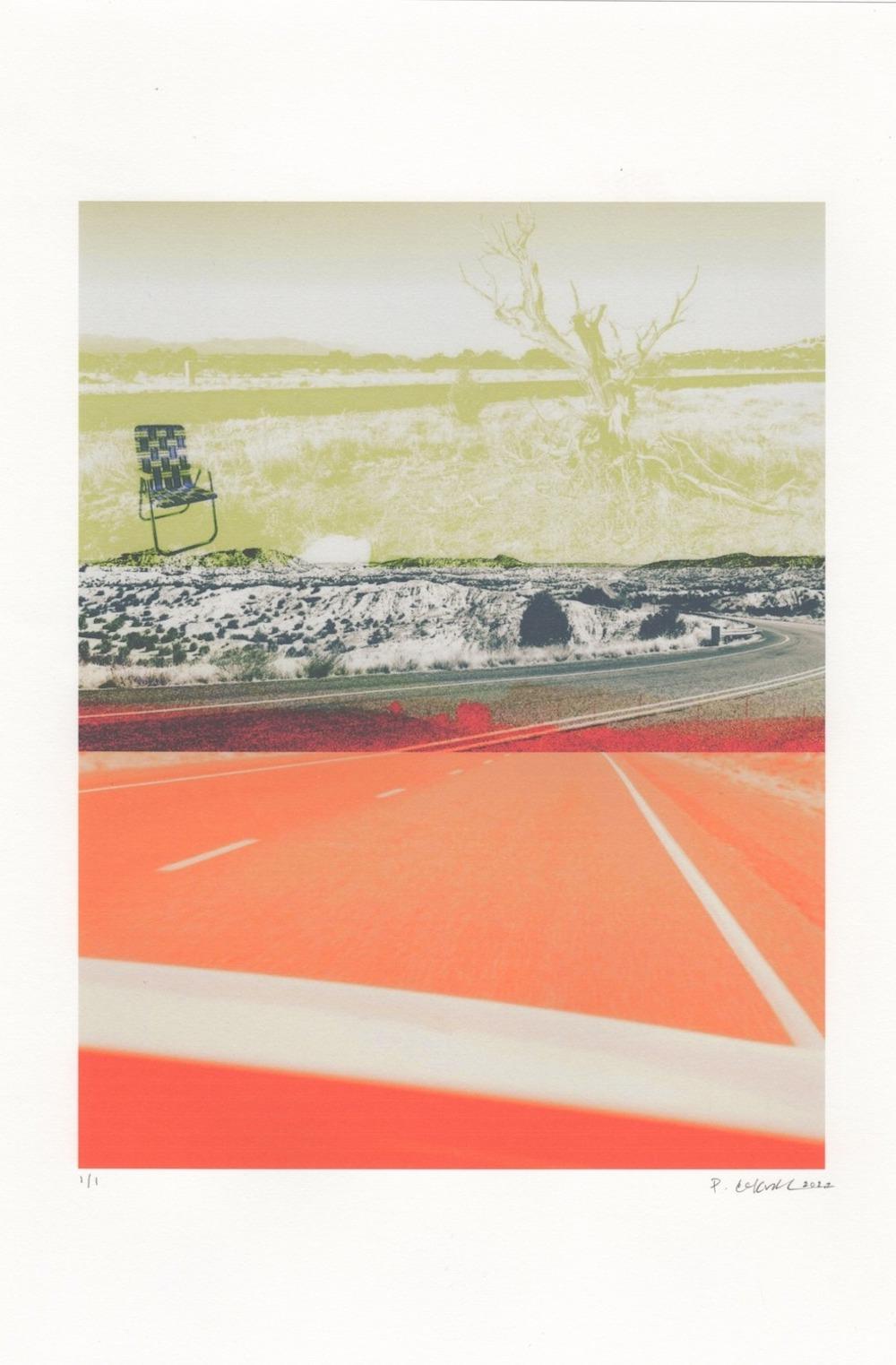 Patty deGrandpre Landscape Print - "Red Road Black Chair", photography, landscape, Southwest, green, monoprint