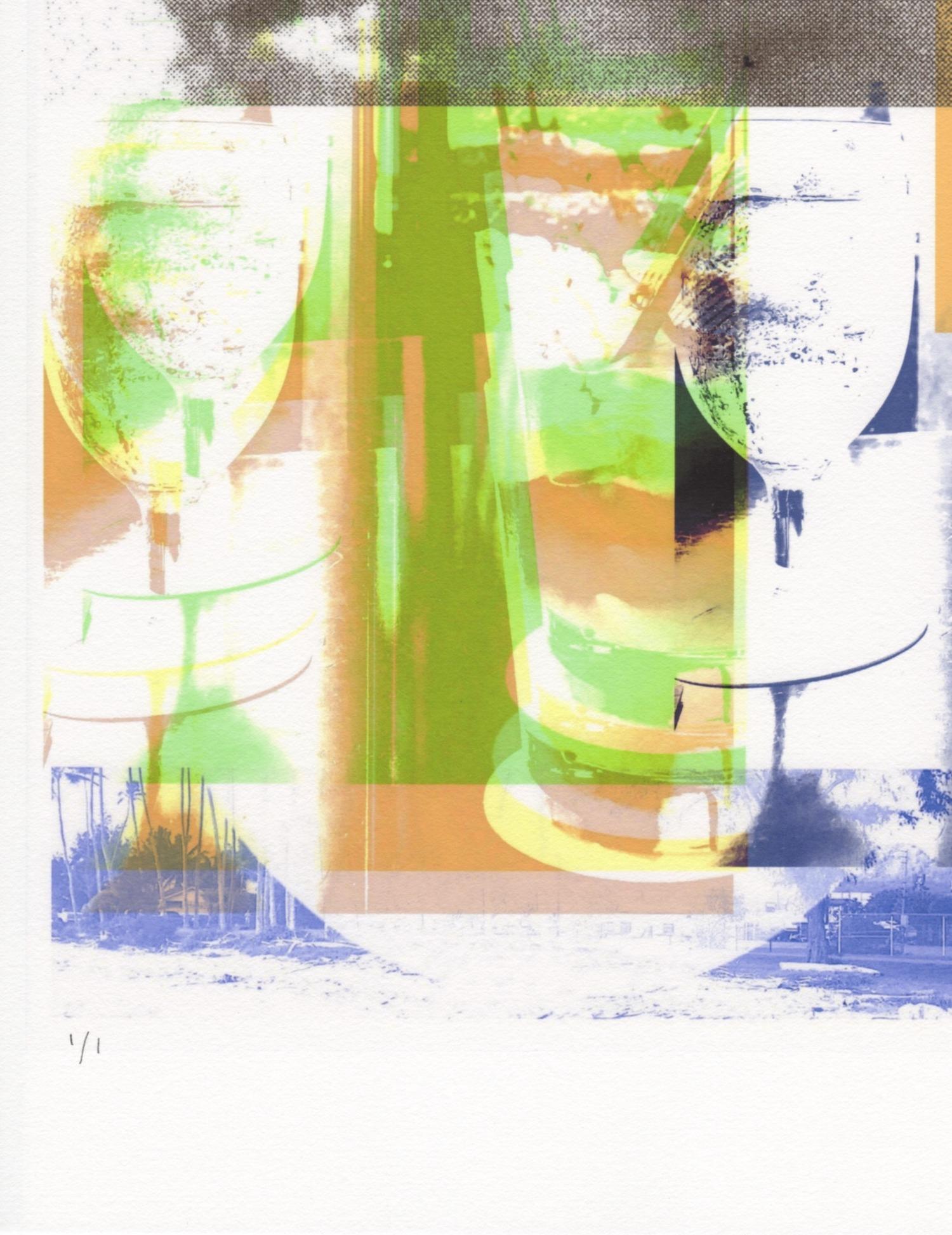 « Ruf & Pineapple (Hurricane Party) », abstrait, bleu, vert, orange, photographie - Gris Abstract Print par Patty deGrandpre