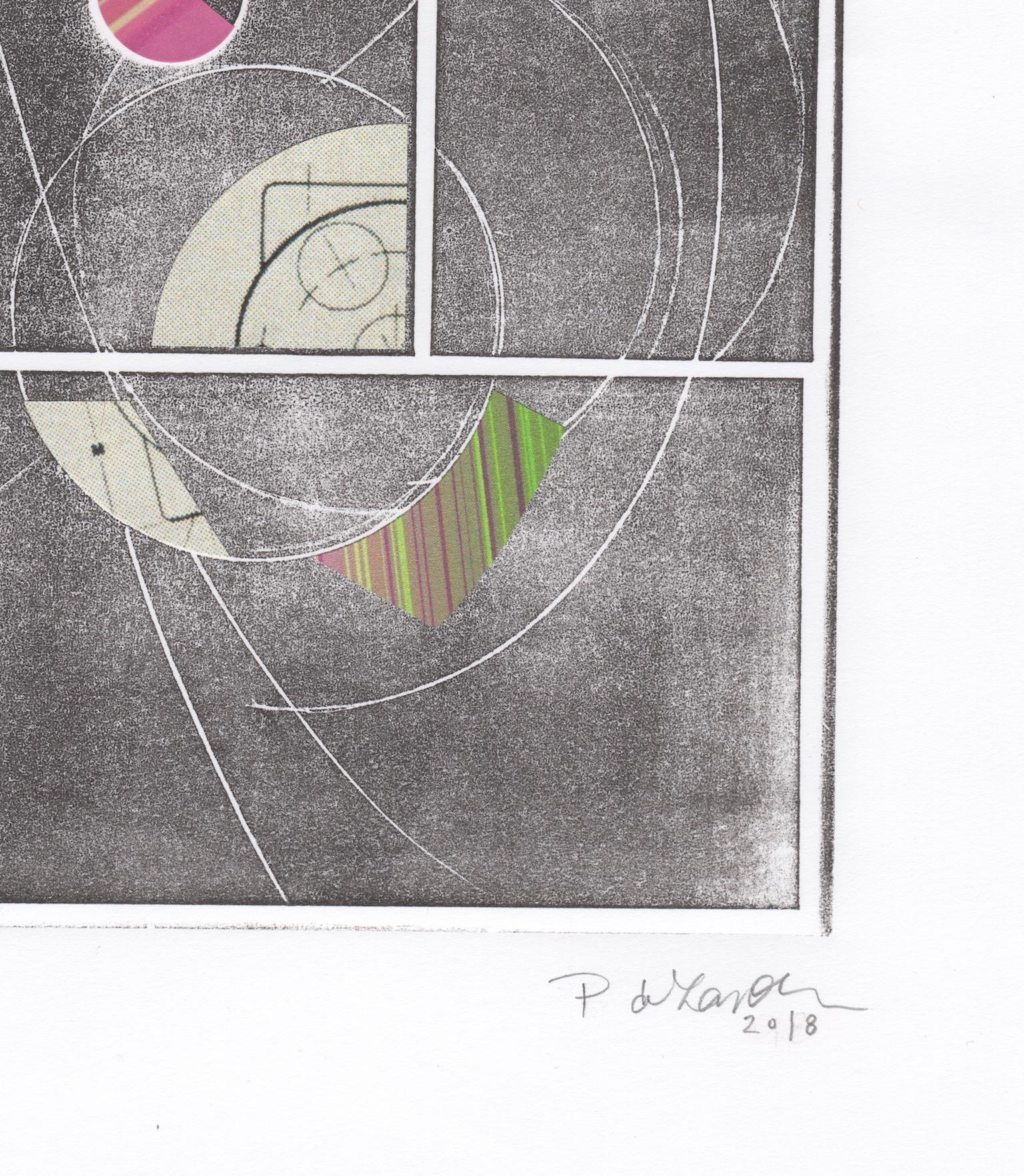 Patty deGrandpre’s “Satellite” is an abstract 8 x 8 inch monoprint on 12 x 12 inch paper incorporating layers of white delicate circles and sinuous lines on a black hued background with contrasting collage of small striated colorful shapes and