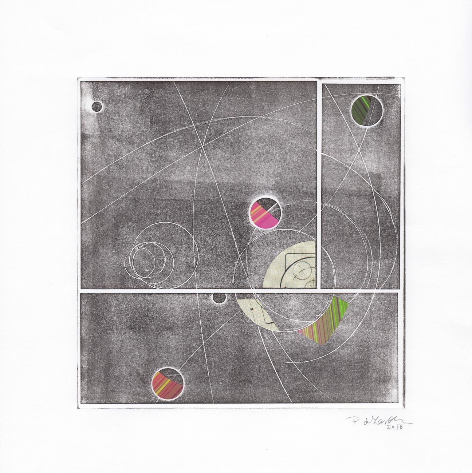 "Satellite", contemporary, abstract, black, white, monoprint - Print by Patty deGrandpre