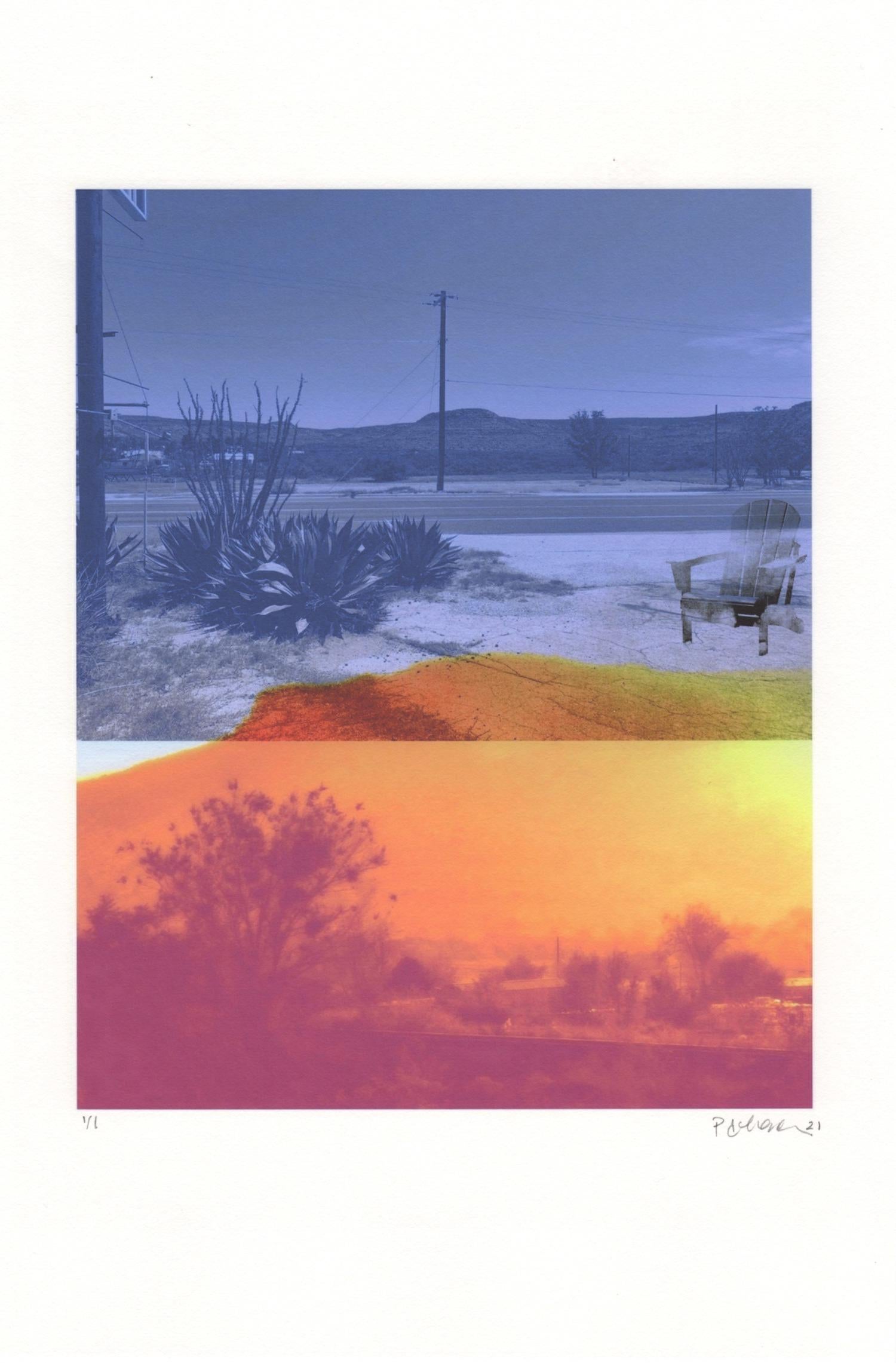 "Scorched (with Adirondack chair), " landscape, desert, blue, orange, monoprint