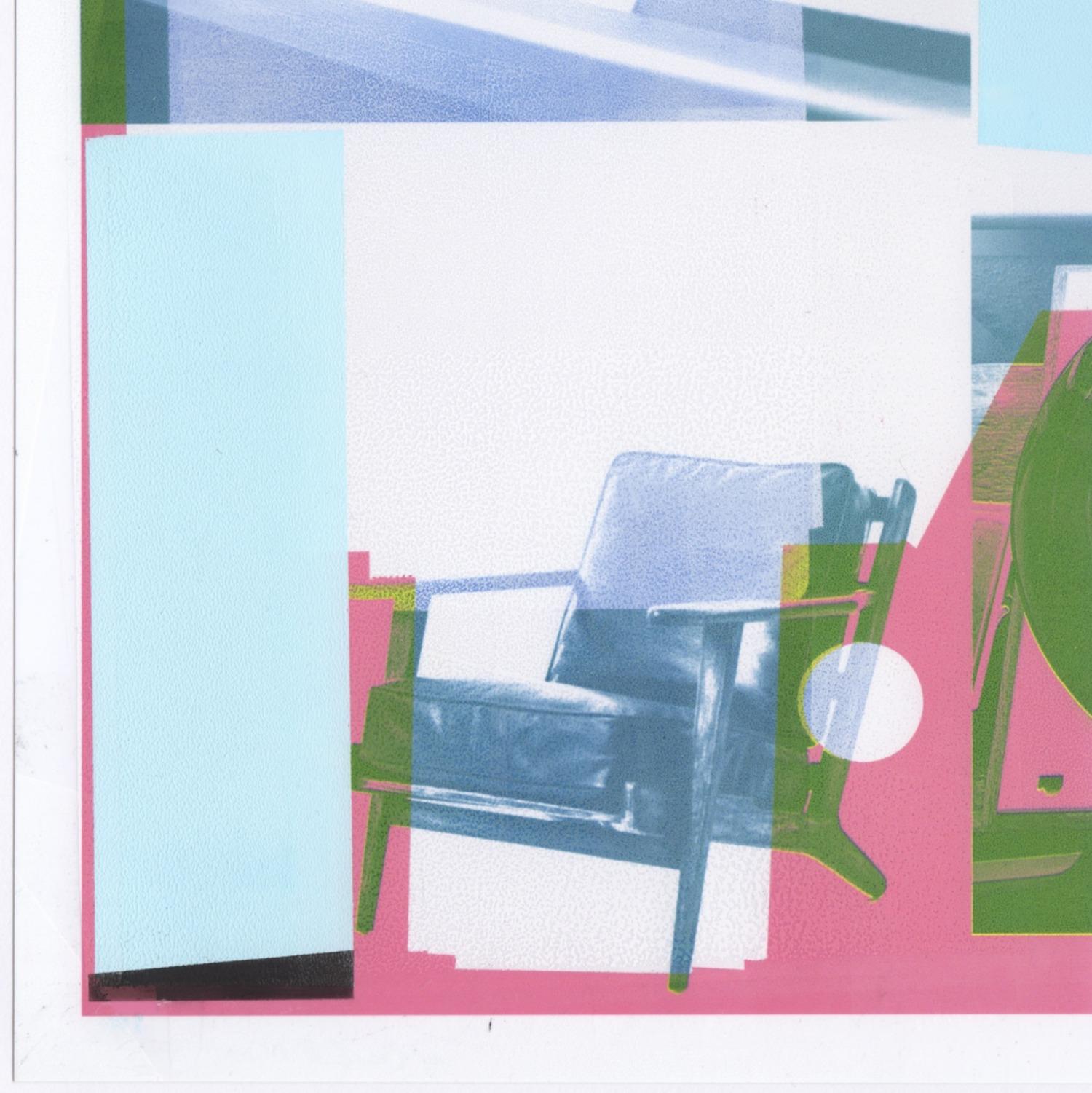 Deconstructed and cropped images of a turntable, a cassette tape, and a mid century modern chair are represented on 12 x 12 inch Red River photo paper in vivid hues of pink, blue and green in Patty deGrandpre’s contemporary abstract monoprint titled
