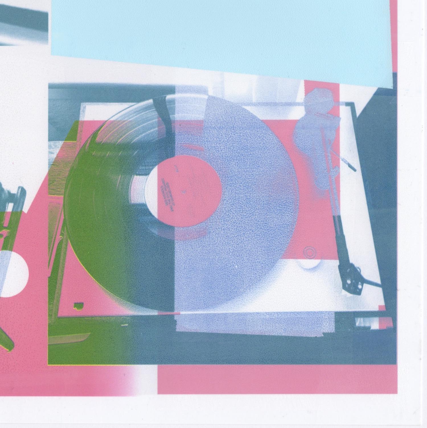 Deconstructed and cropped images of a turntable, a cassette tape, and a mid century modern chair are represented on 12 x 12 inch Red River photo paper in vivid hues of pink, blue and green in Patty deGrandpre’s contemporary abstract monoprint titled