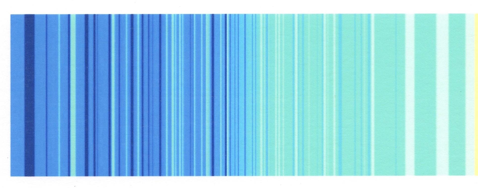 Patty deGrandpre’s “The Complements 1” is a unique abstract 1.75 x 10 inch polychromatic inkjet print on 11 x 14 inch rag paper with a band of varied stripes in saturated complementary hues of blue and orange that incorporates a picture taken of a