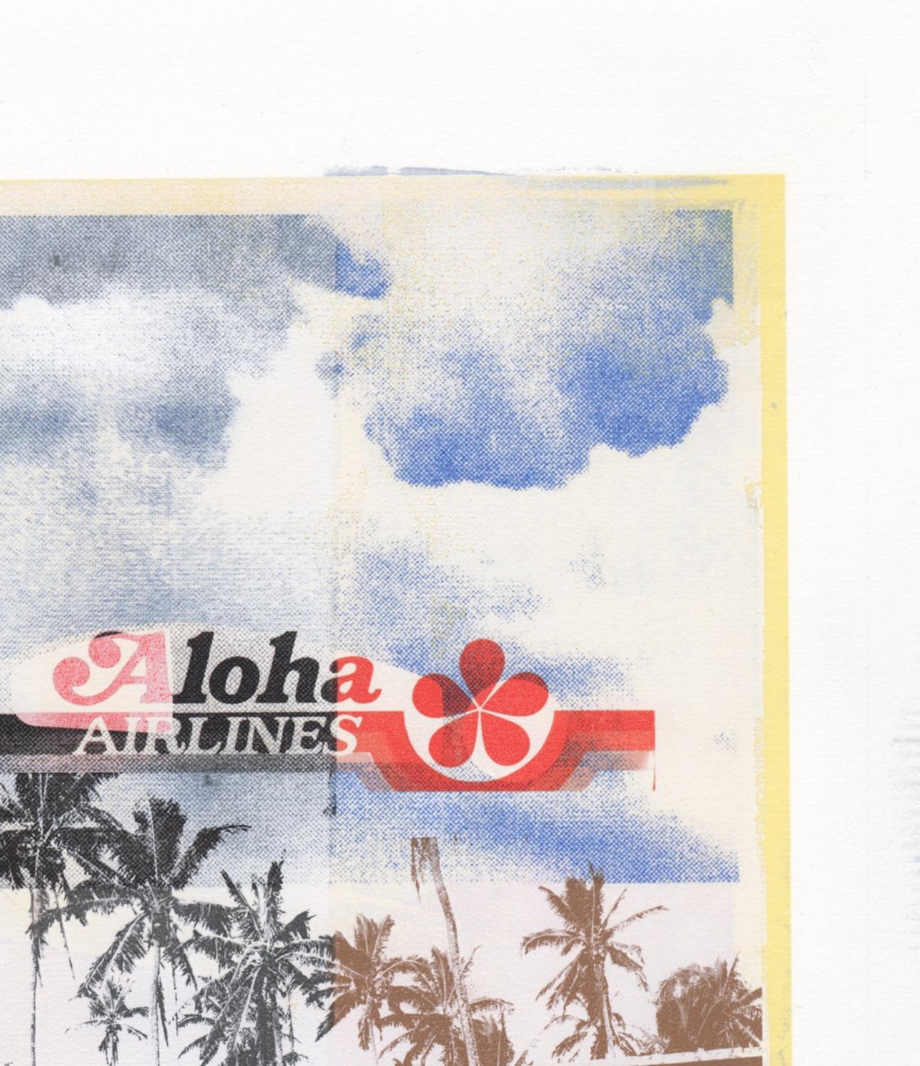 Cropped and deconstructed images of clouds, palm trees, an abandoned Hawaiian hotel facade, a car, an Aloha Airlines vintage trademark, a beach chair and a vintage photo of the two ladies in skirts are represented on 14 x 11 inch Awagami Bamboo