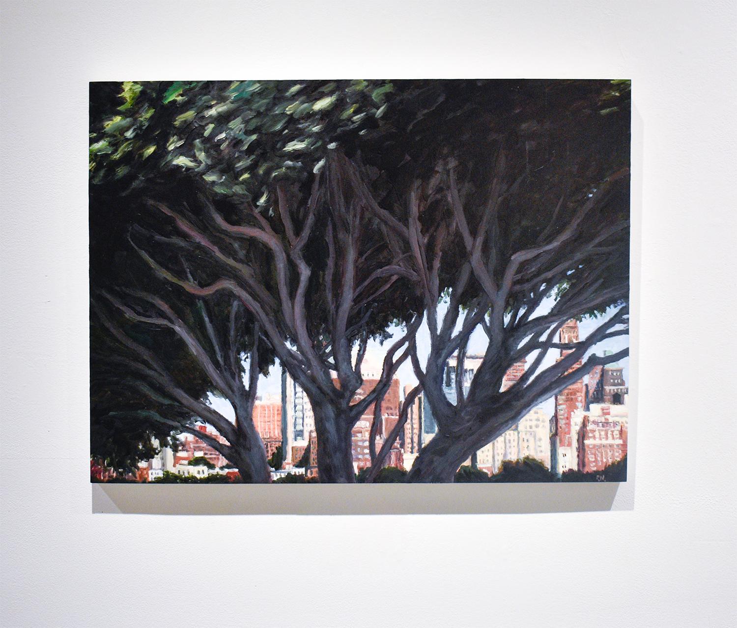 Brooklyn Through the Trees : Peinture de paysage moderne et réaliste de la ville de New York - Painting de Patty Neal