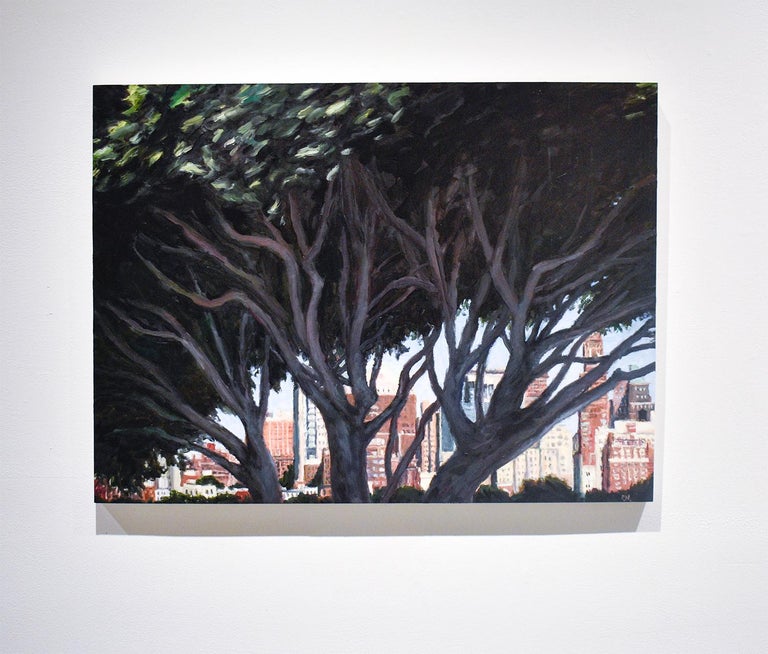 Brooklyn Through the Trees: Modern, Realist New York City Landscape Painting - Black Still-Life Painting by Patty Neal