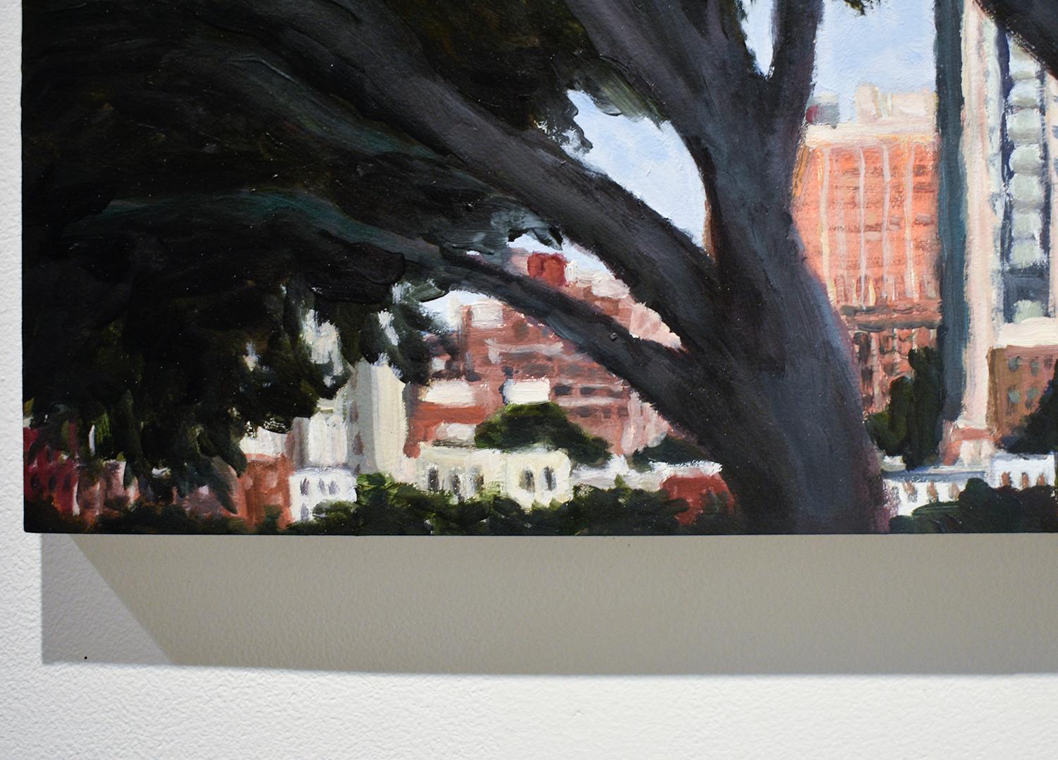 Realist New York City landscape painting as seen through the branches of a dark green tree 
“Brooklyn Through Trees”, painted by Patty Neal in 2019
18