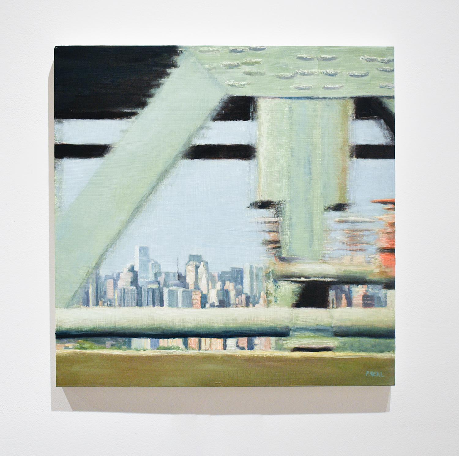 City Glow : Peinture à l'huile de paysage urbain de la ville de New York dans une palette de couleurs pastel - Painting de Patty Neal