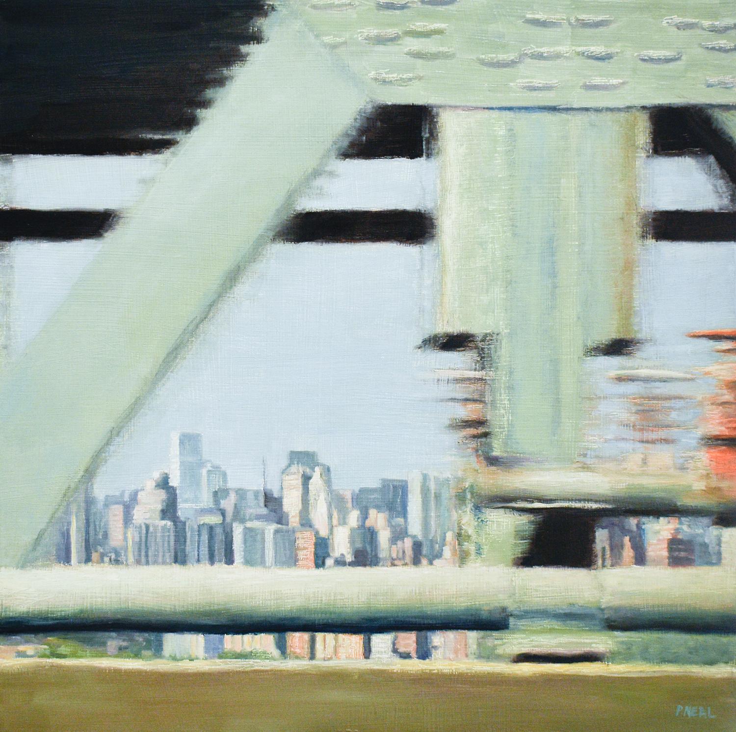 Still-Life Painting Patty Neal - City Glow : Peinture à l'huile de paysage urbain de la ville de New York dans une palette de couleurs pastel