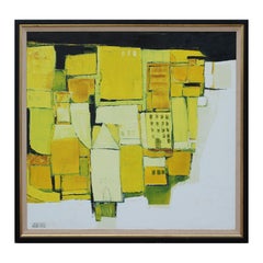 Modern Bright Yellow, Black, and White Abstract Textured Landscape Painting