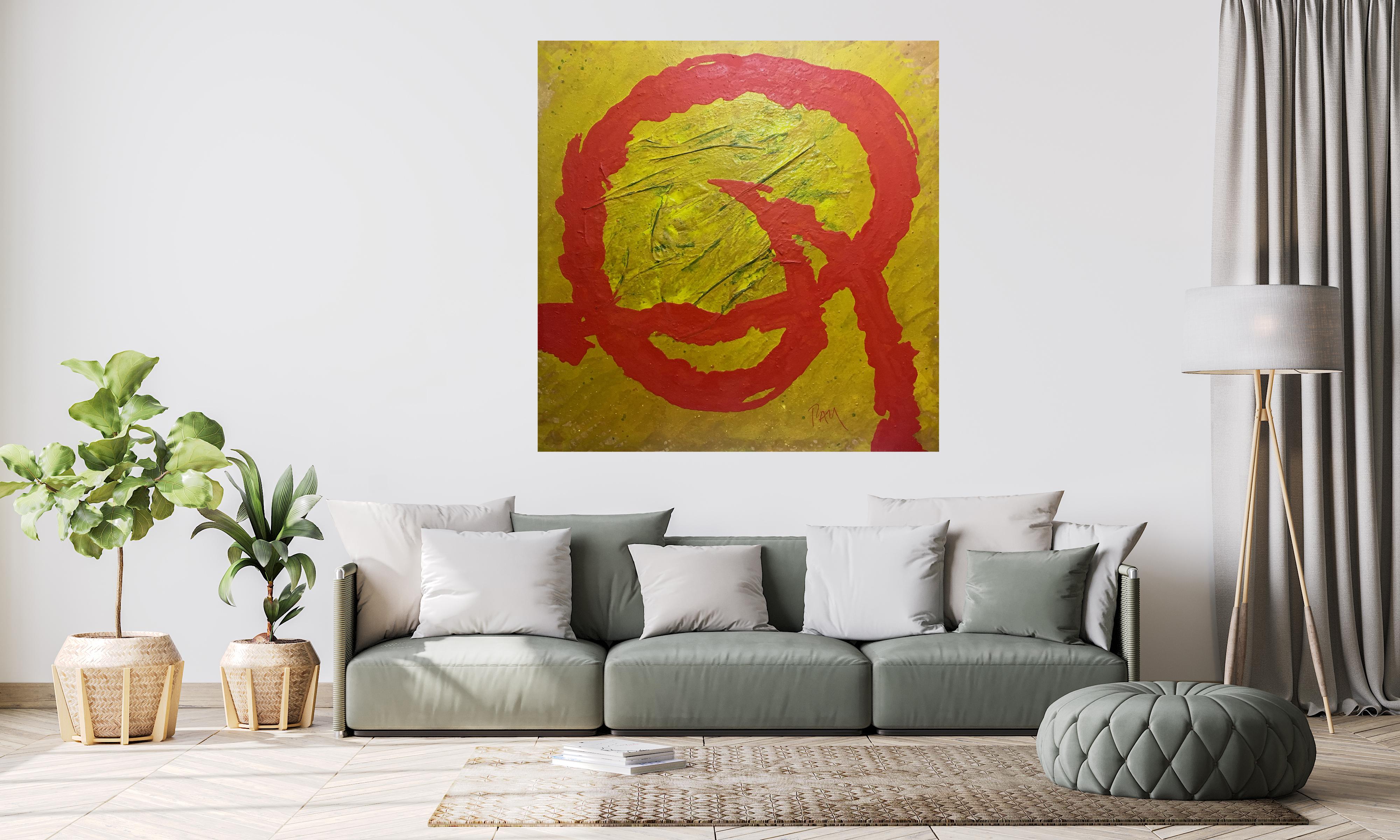 Pau Alemany  Cuadrado  ROJO  AMARILLO  ORO  original abstracto técnica mixta en venta 3