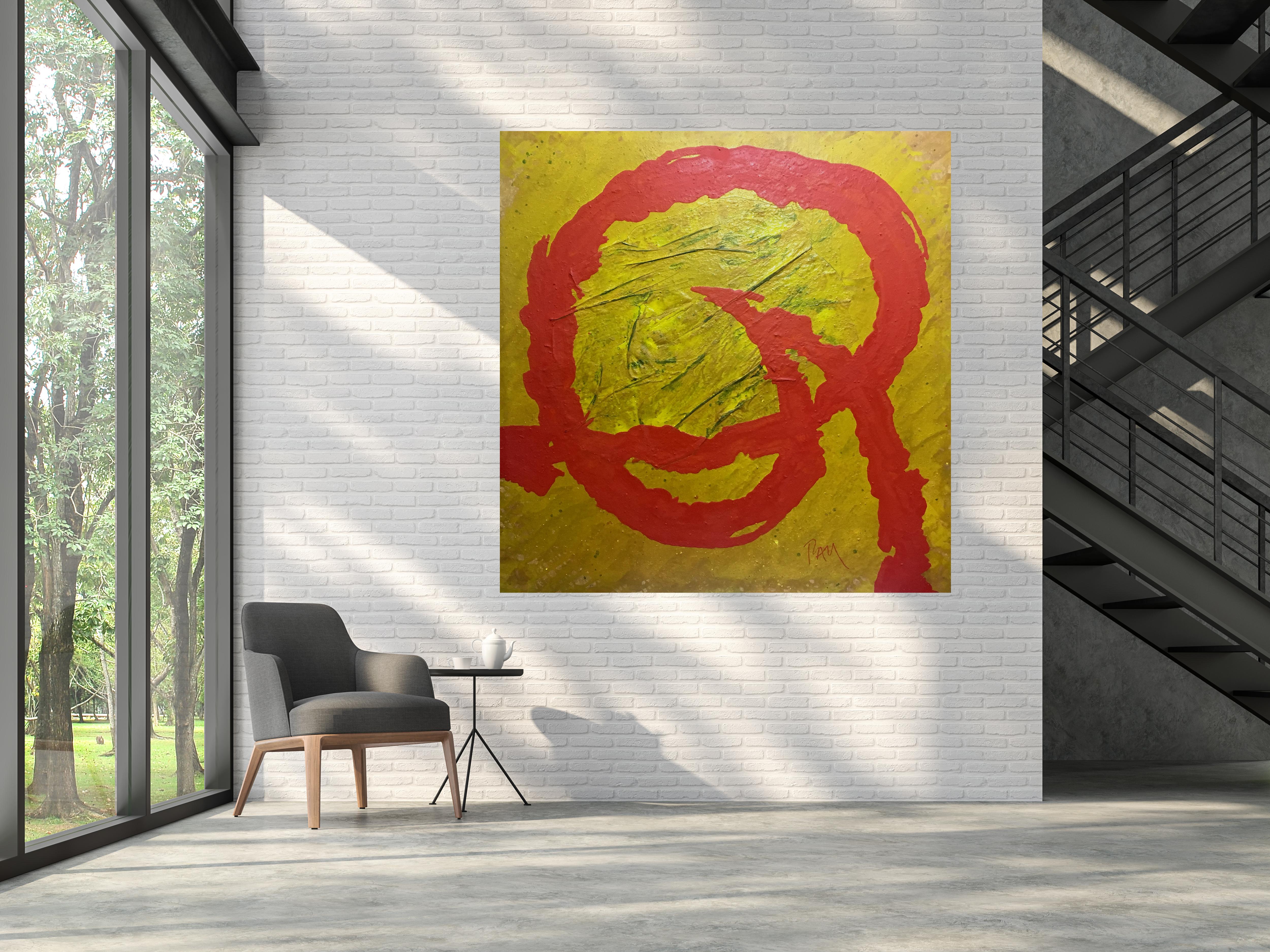 Pau Alemany  Cuadrado  ROJO  AMARILLO  ORO  original abstracto técnica mixta en venta 4