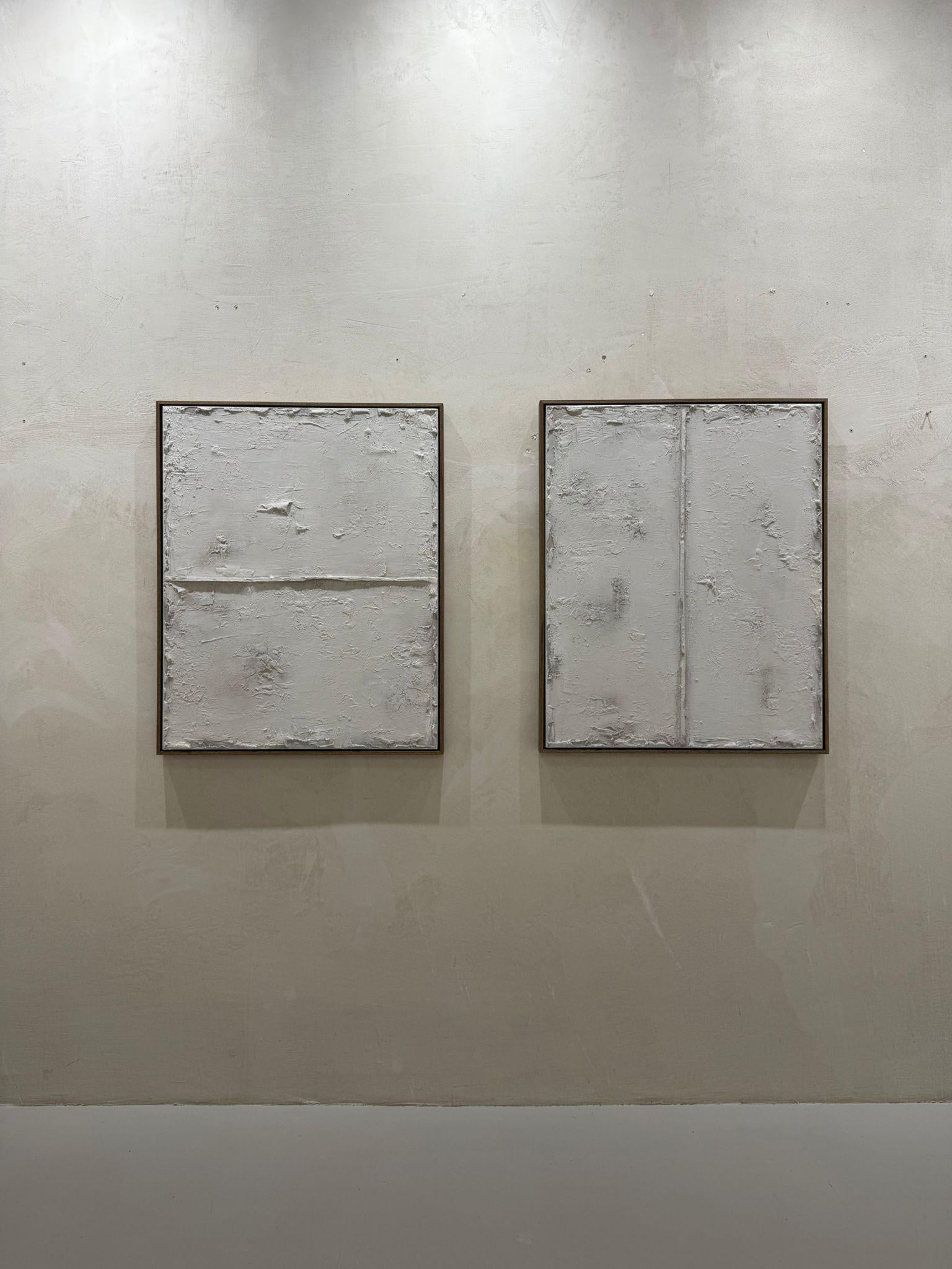 Abstraktes Mischtechnik-Doppelhorizont, texturiertes monochromes Diptychon von Pau Escat im Angebot 4