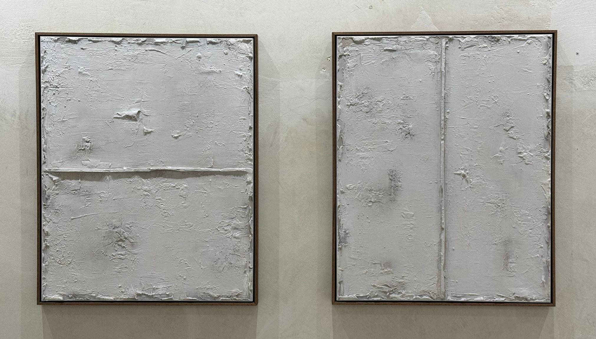 Abstract Mixed Media Dual Horizon, Textured Monochrome Diptych by Pau Escat