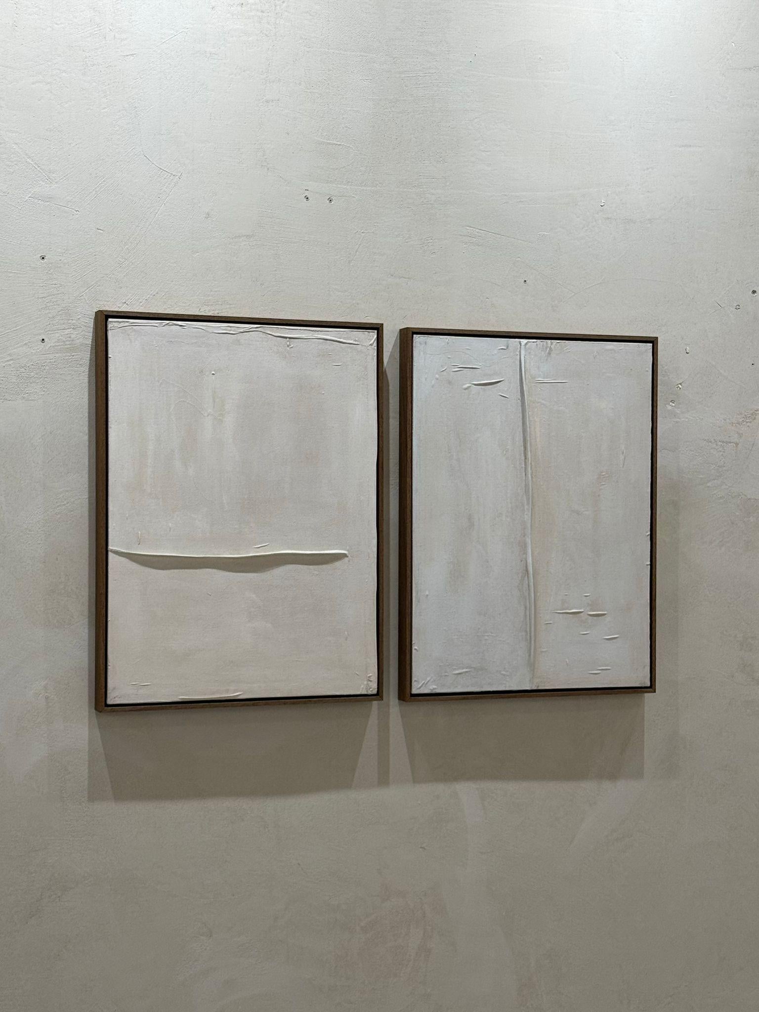 Abstrakte Mischtechnik Stummes Licht, Abstraktes neutrales Diptychon Gemälde Pau Escat im Angebot 3