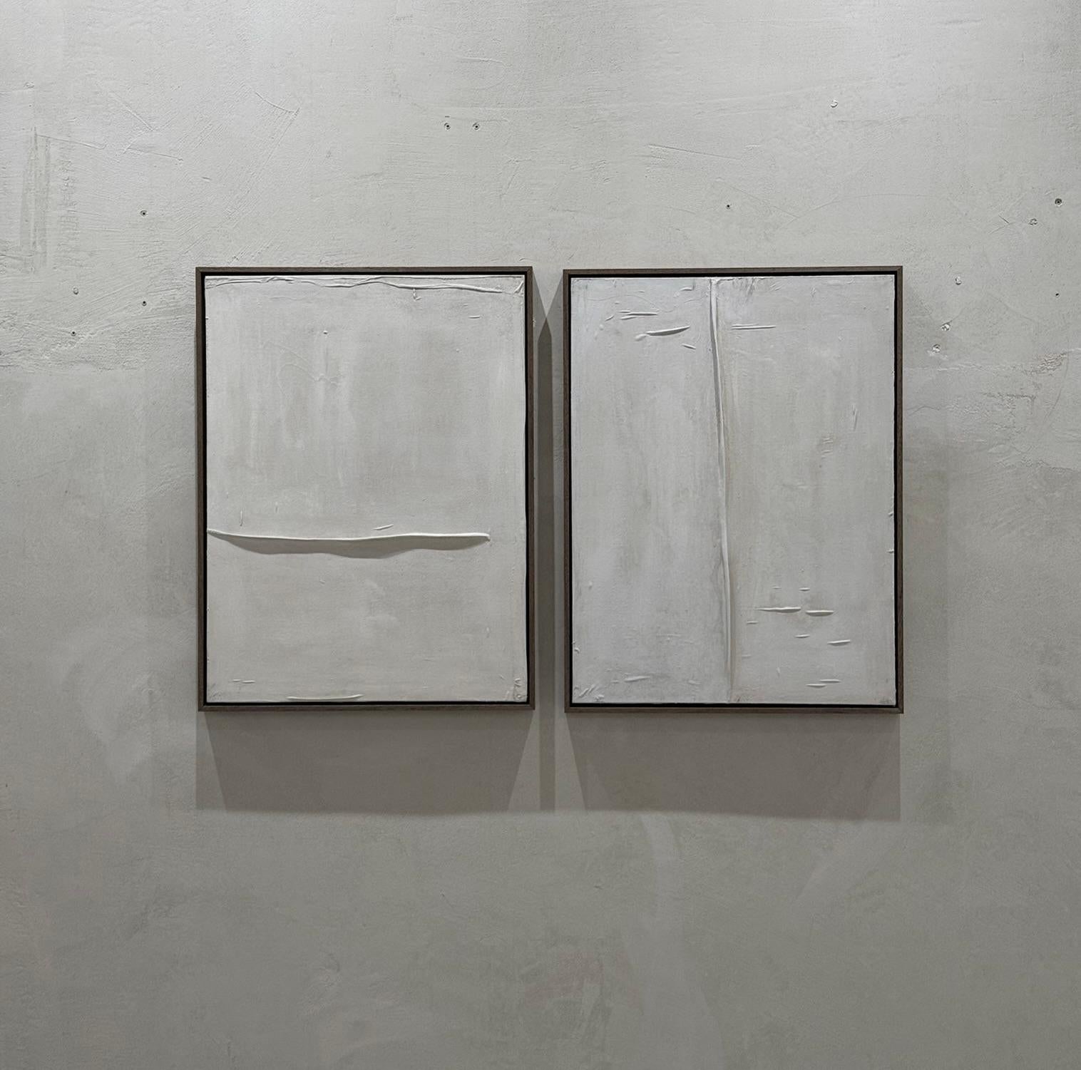 Abstract Mixed Media Silent Light, Abstract Neutral Diptych Painting Pau Escat