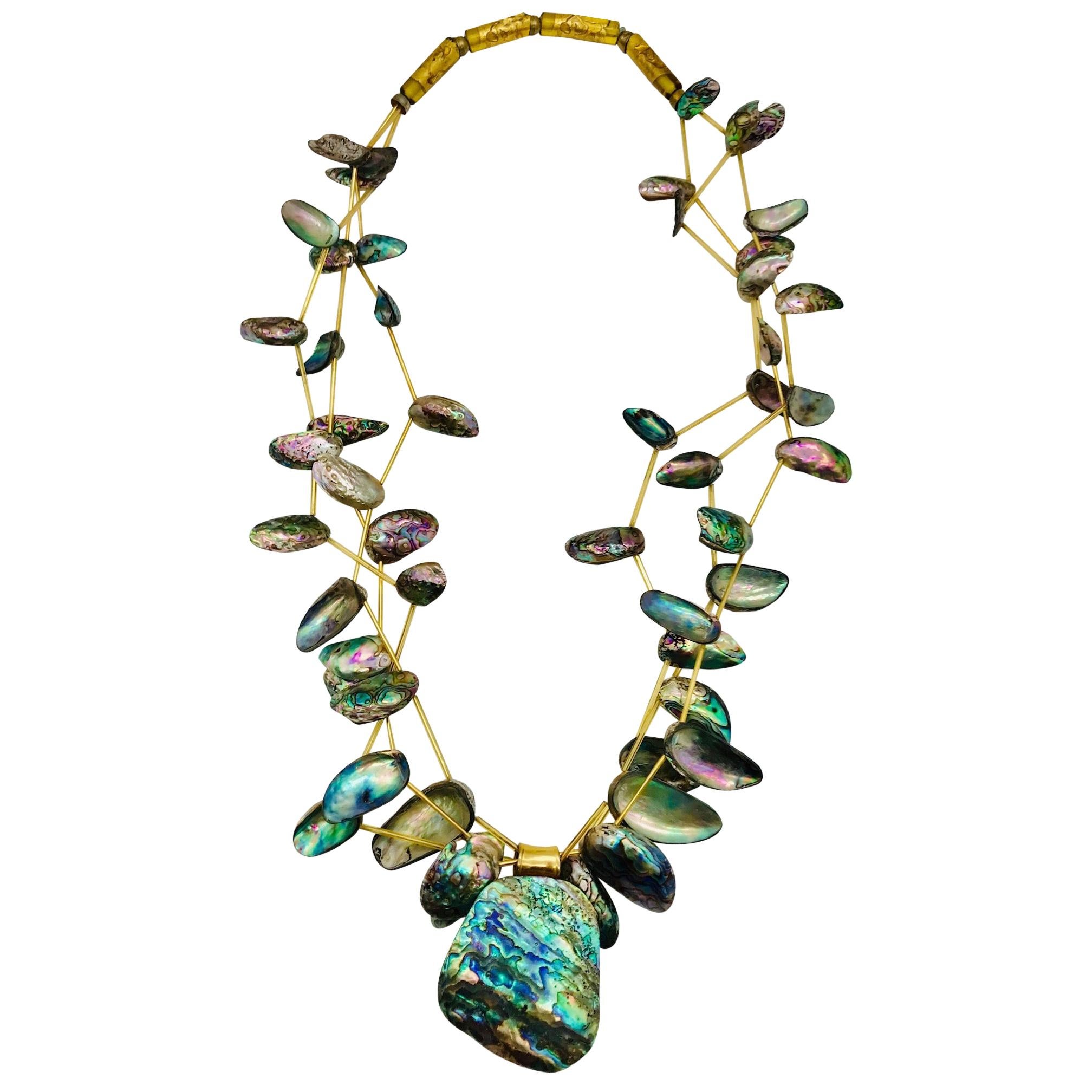 Paua/ Nacre beads, Glass /gold spacers , 3 strand Necklace, by Sylvia Gottwald For Sale