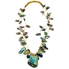 Paua/ Nacre beads, Glass /gold spacers , 3 strand Necklace, by Sylvia Gottwald