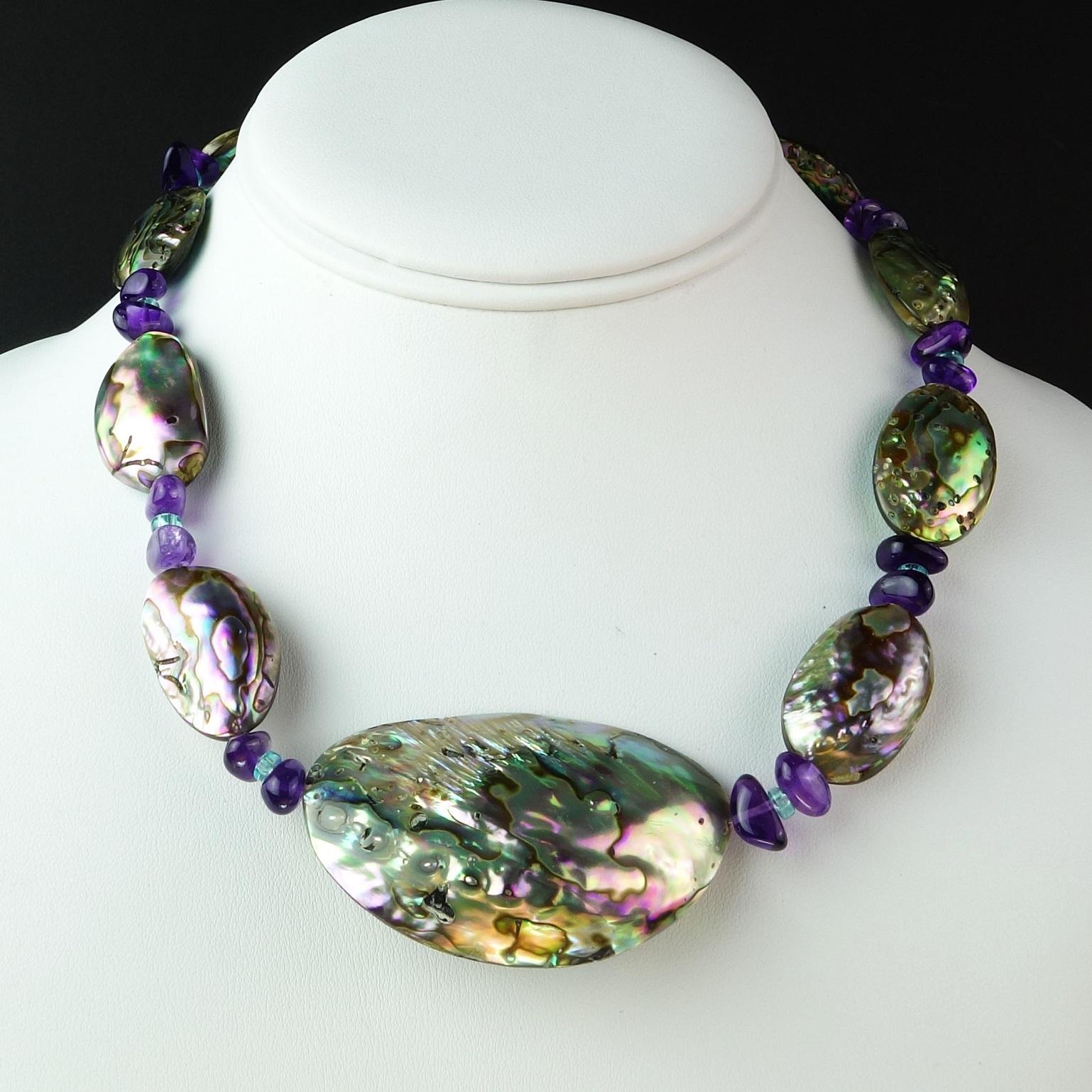 AJD Iridescent Paua Shell Short Necklace Accented with Amethyst and Apatite In New Condition For Sale In Raleigh, NC