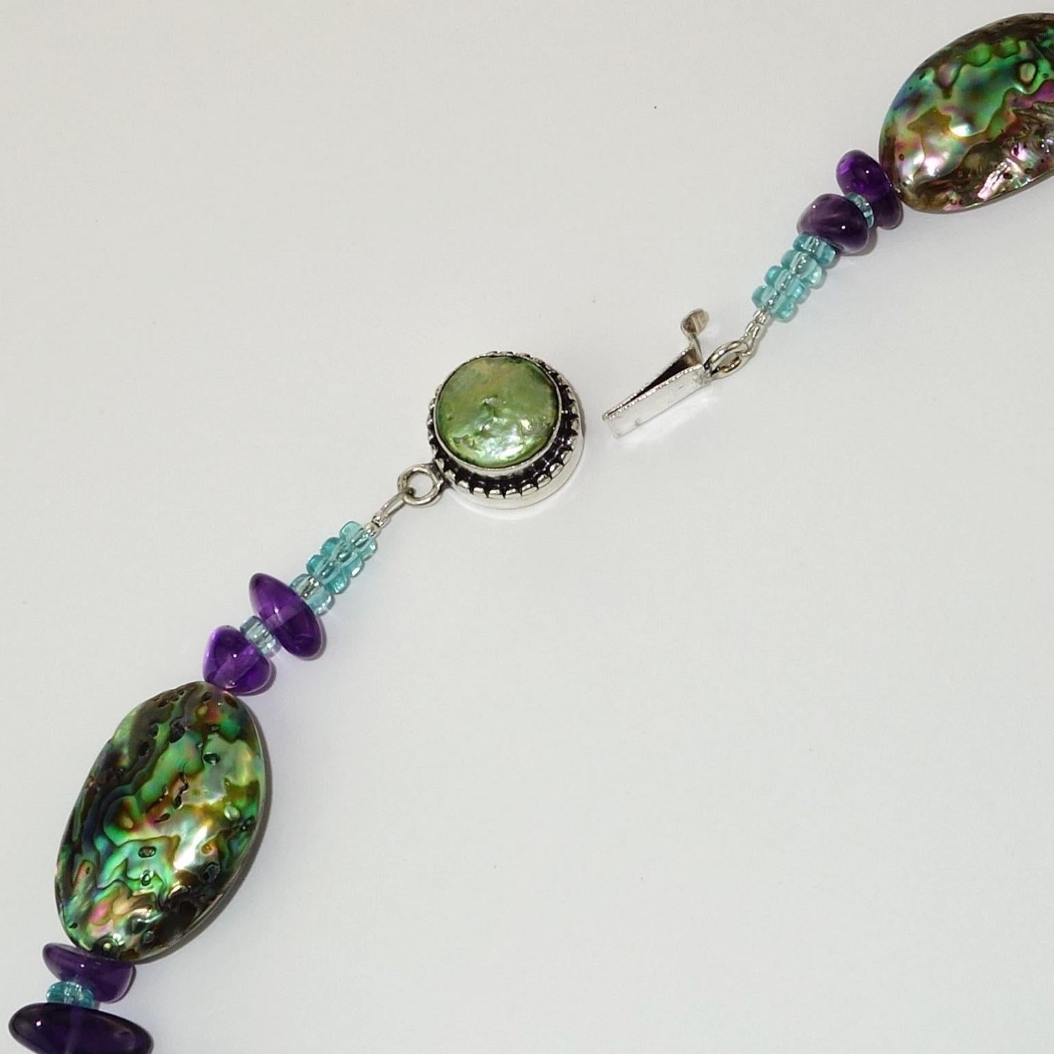 Bead AJD Iridescent Paua Shell Short Necklace Accented with Amethyst and Apatite For Sale