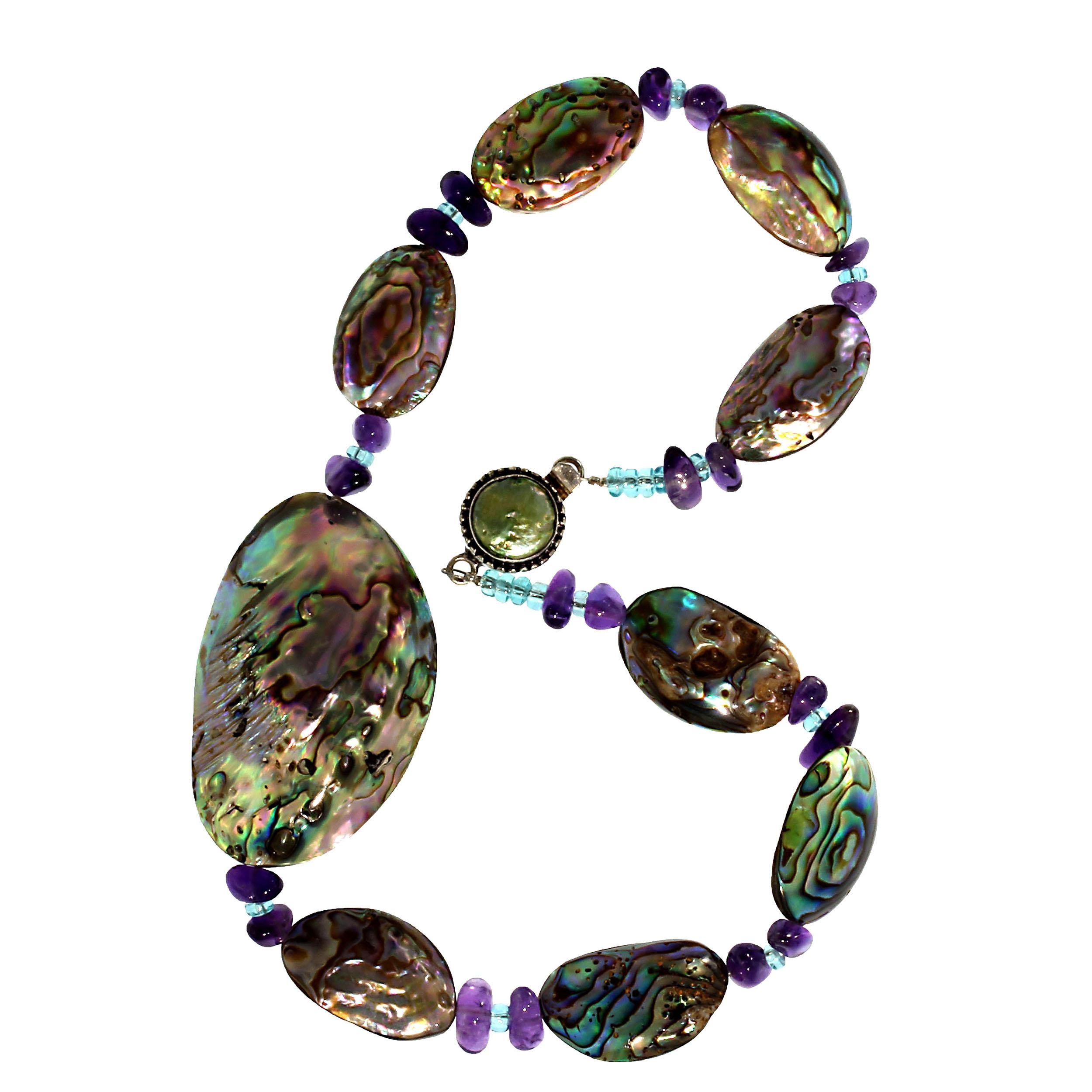 Artisan AJD Iridescent Paua Shell Short Necklace Accented with Amethyst and Apatite For Sale