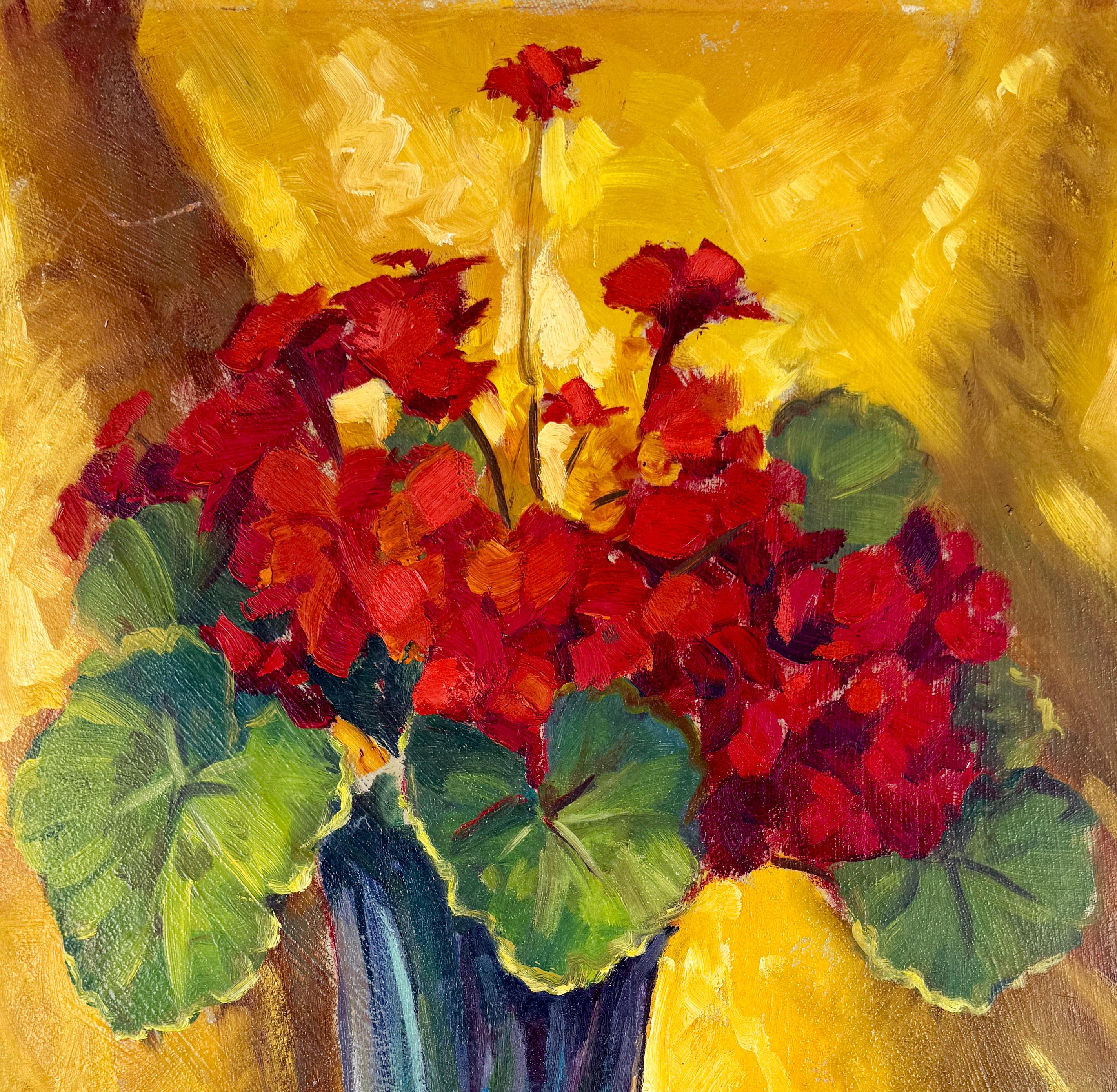 Rote Geranien und gelber Vorhang Original Paul Schmitt Kalifornischer Impressionist – Painting von Paul A. Schmitt