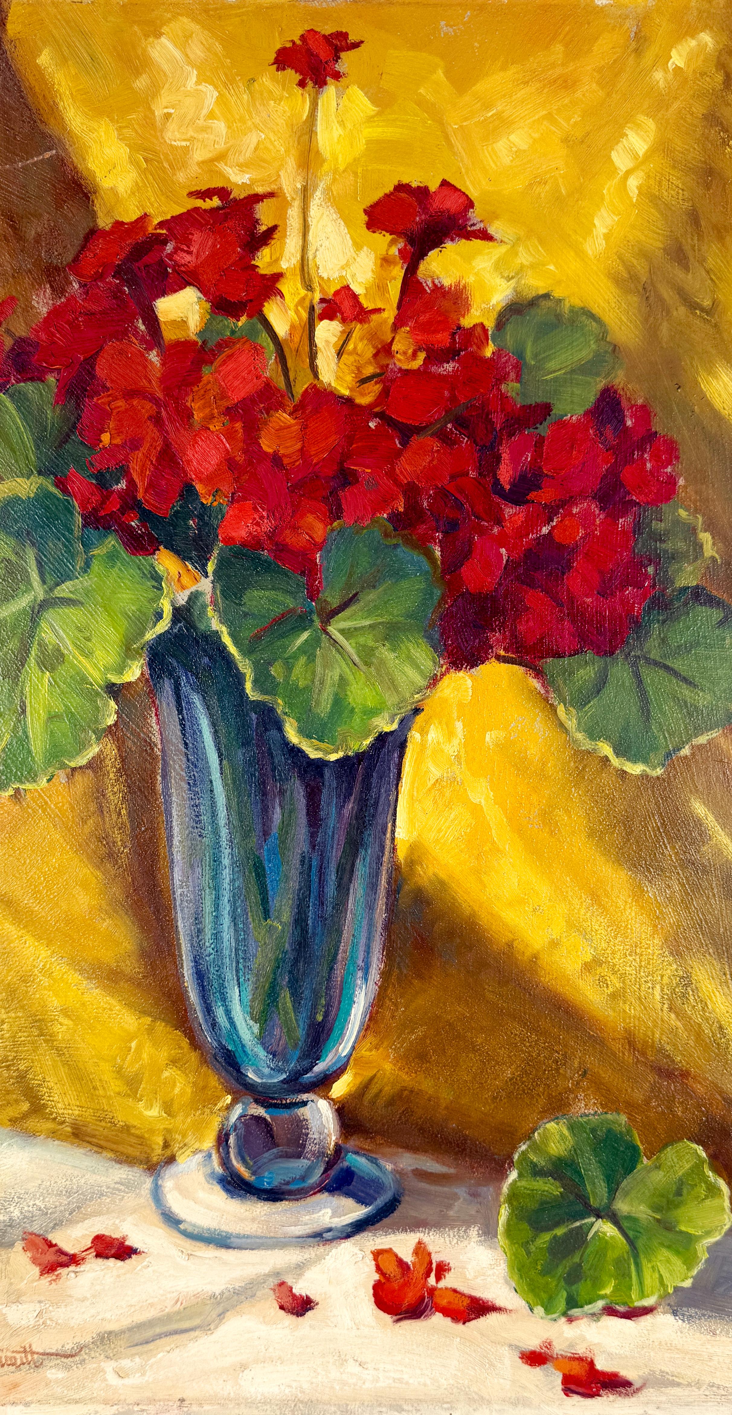 Rote Geranien und gelber Vorhang Original Paul Schmitt Kalifornischer Impressionist (Amerikanischer Impressionismus), Painting, von Paul A. Schmitt