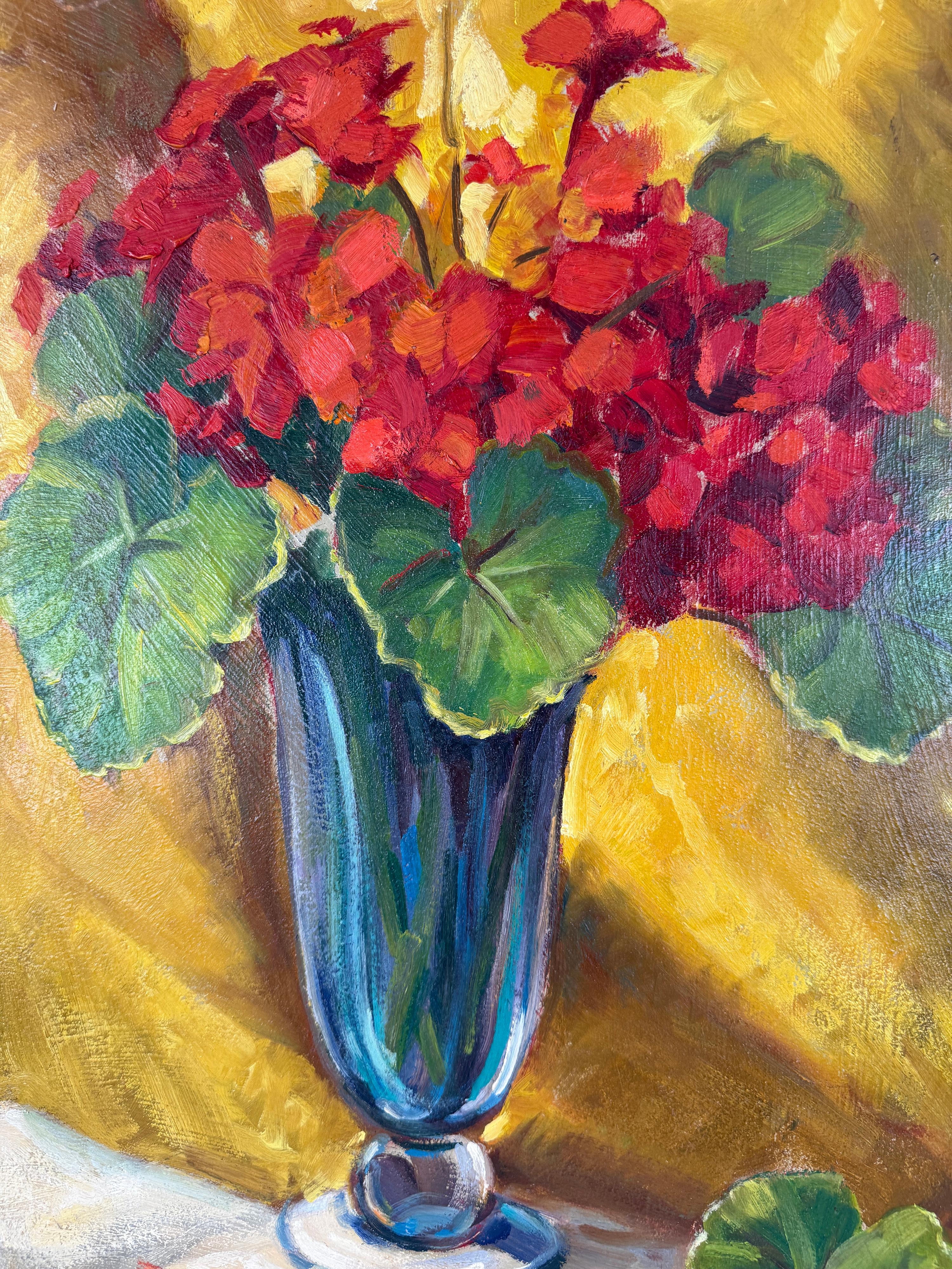 Rote Geranien und gelber Vorhang Original Paul Schmitt Kalifornischer Impressionist (Braun), Still-Life Painting, von Paul A. Schmitt