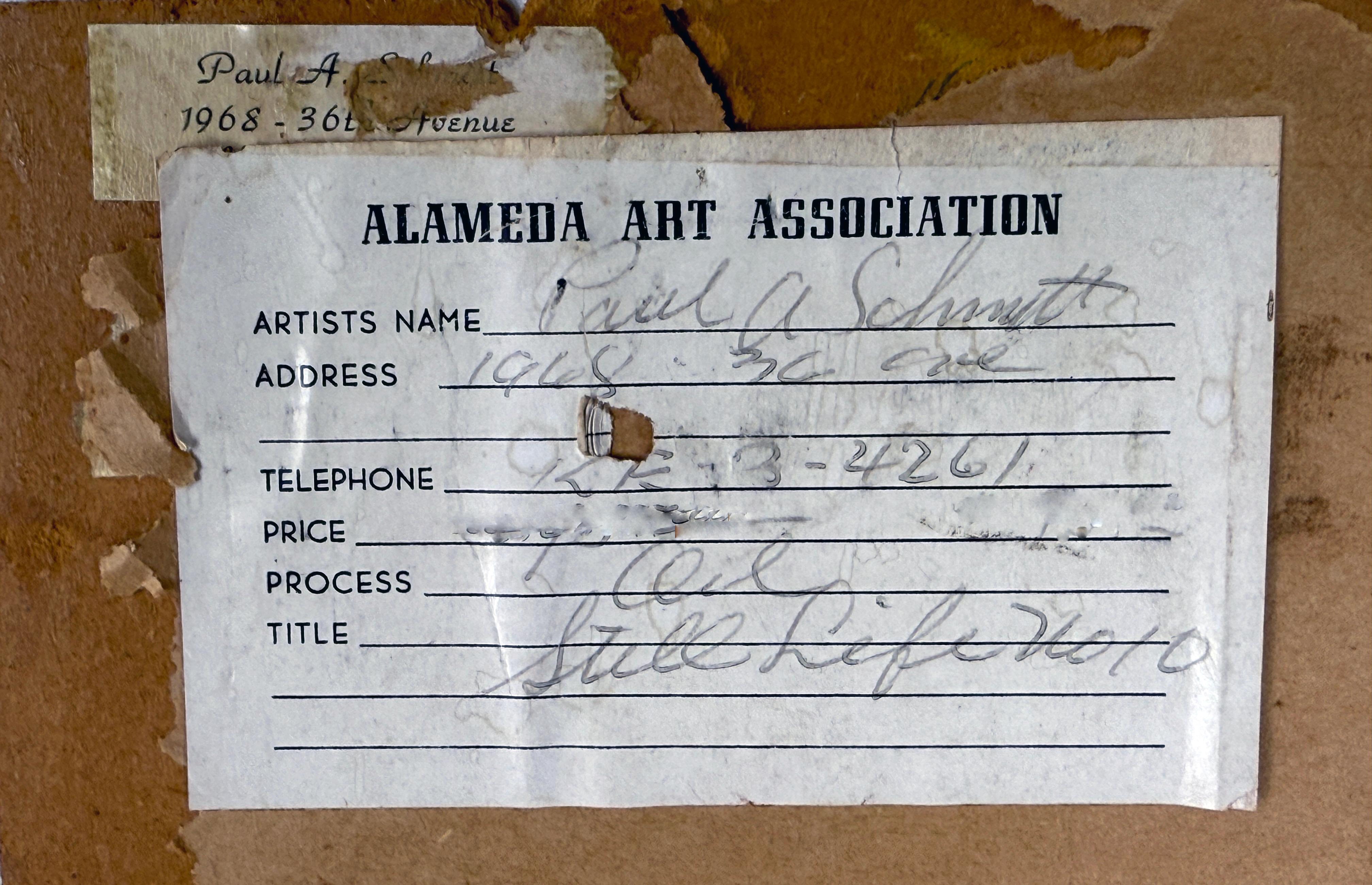 Rote Geranien und gelber Vorhang Original Paul Schmitt Kalifornischer Impressionist im Angebot 1