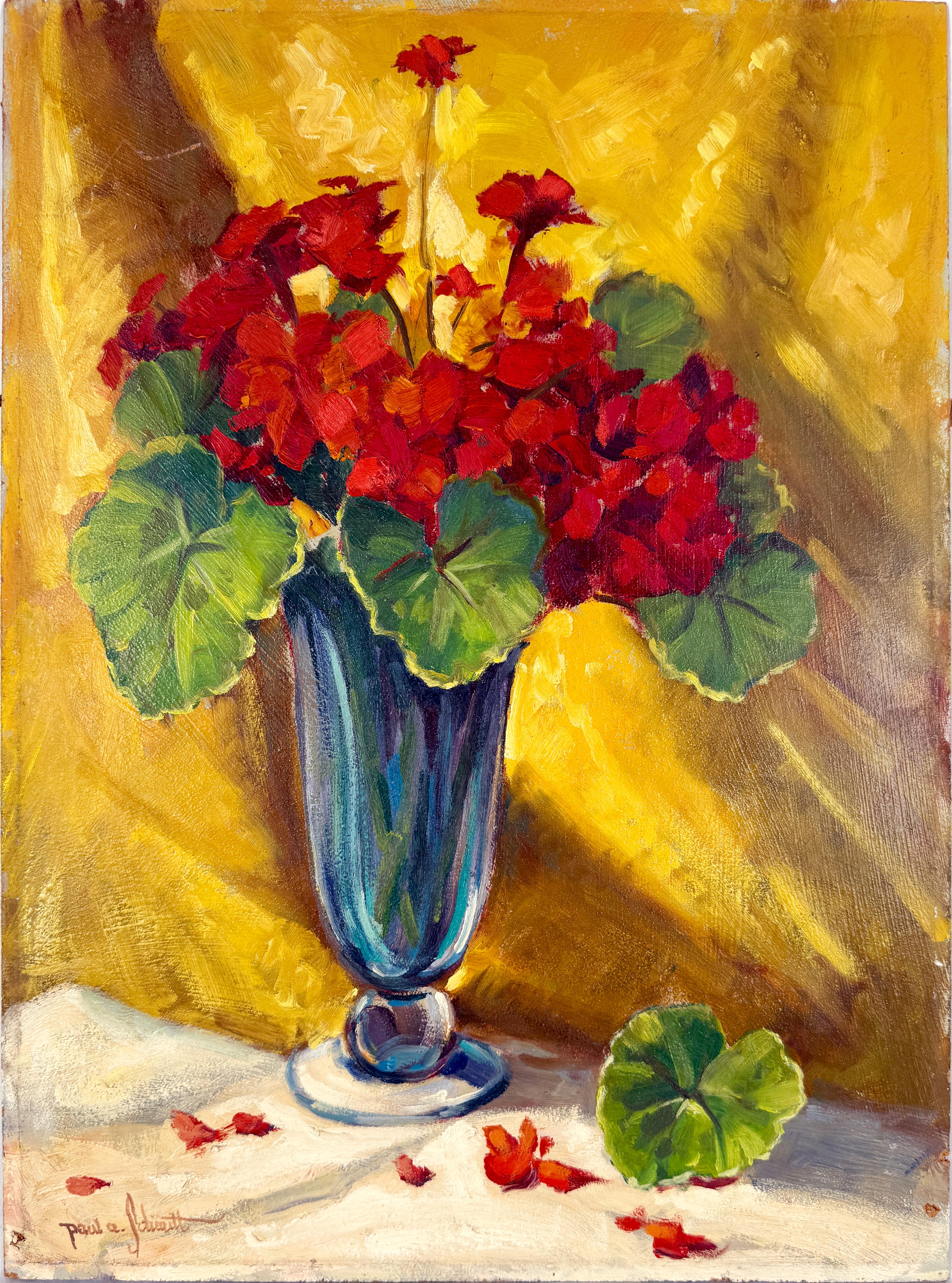 Red Geraniums and Yellow Curtain Original Paul Schmitt California Impressionist