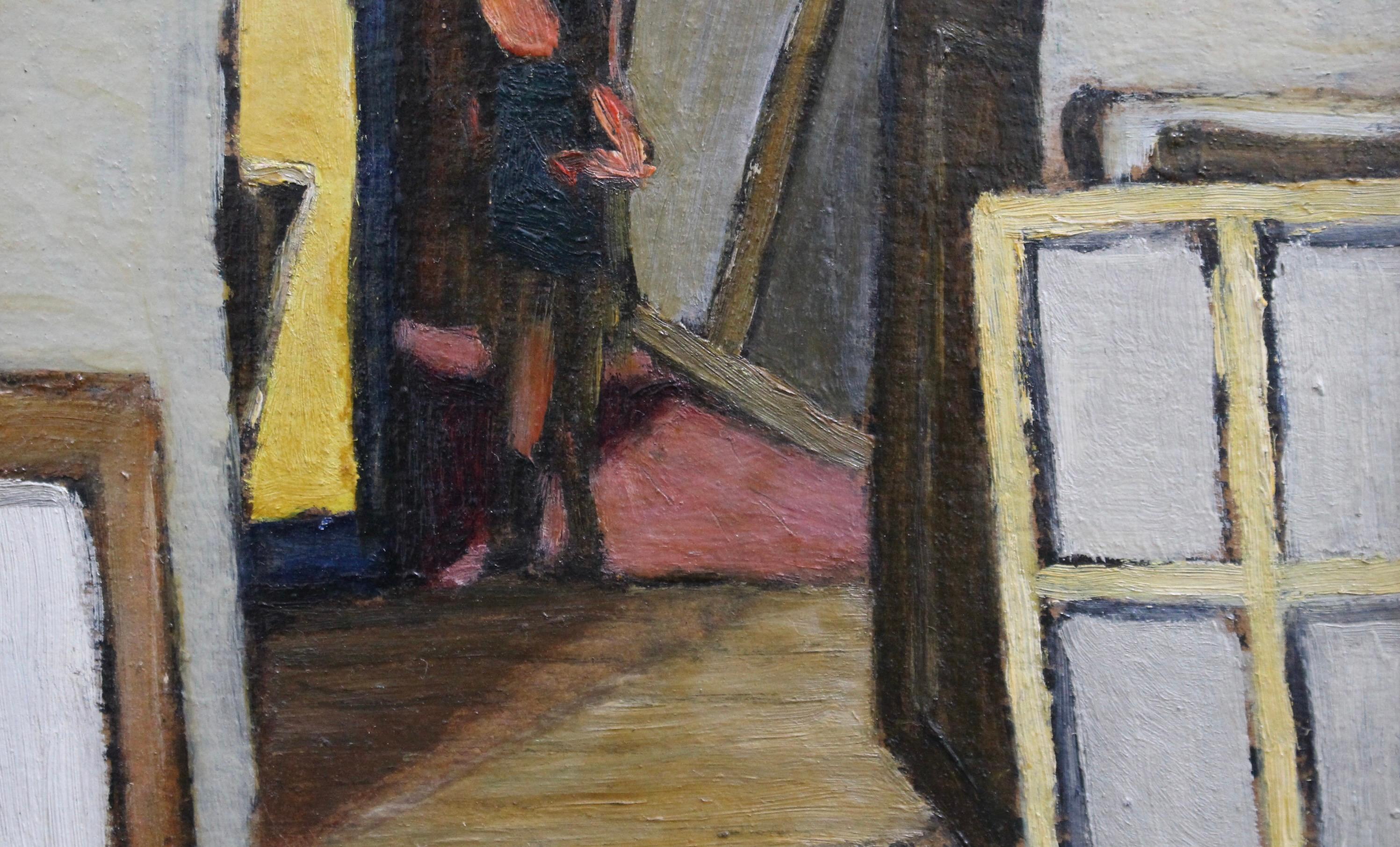 Woman and Child with Windows - Black Portrait Painting by Paul Ackerman