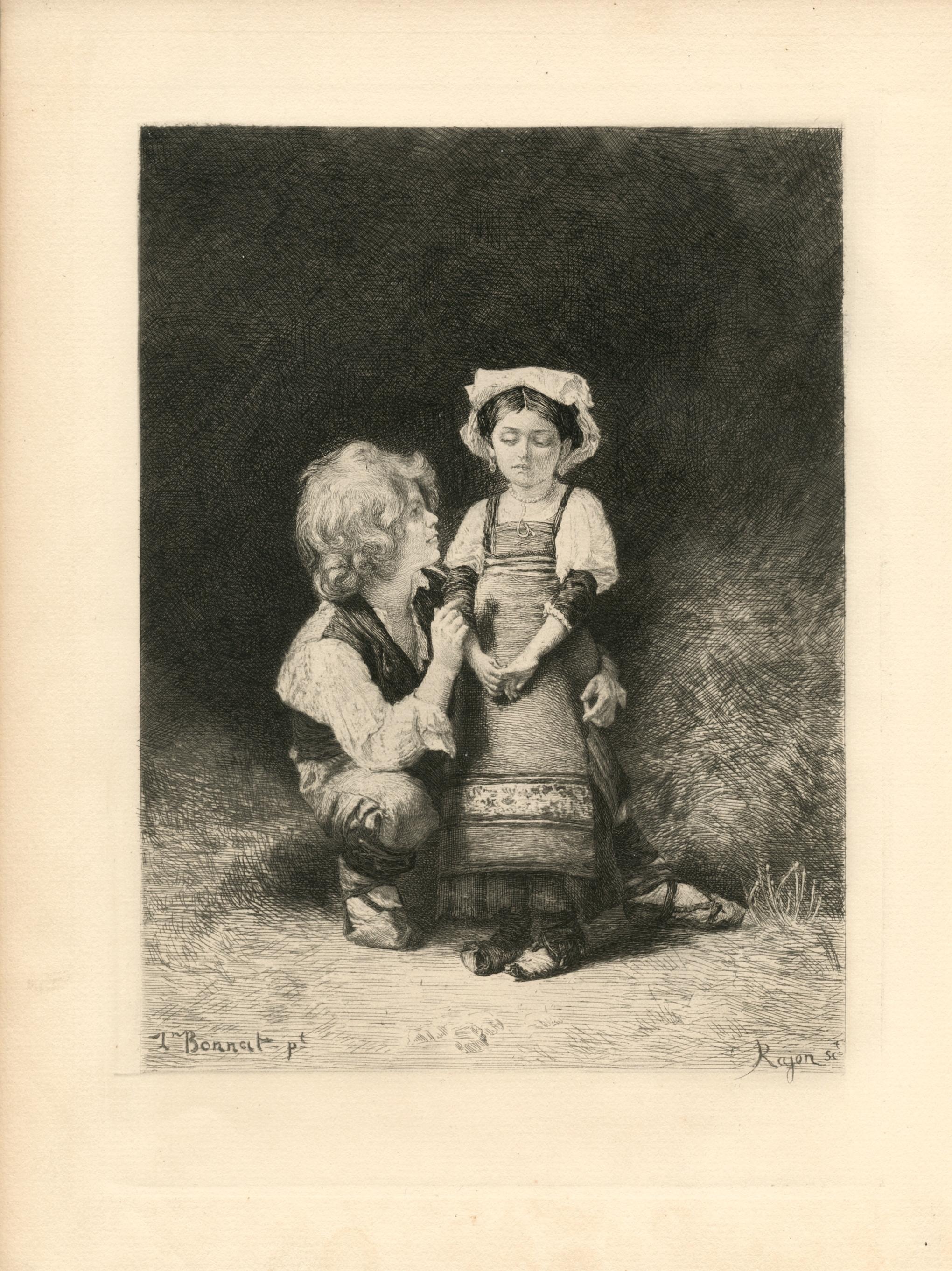 "Brother and Sister" etching - Print by Paul-Adolphe Rajon
