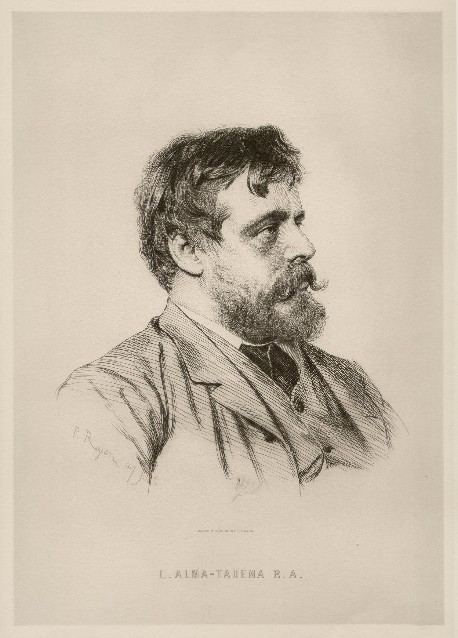 Paul-Adolphe Rajon Portrait Print – Sir Lawrence Alma-Tadema, präraffaelitisch, Porträt-Radierung von Paul Adolphe Rajon