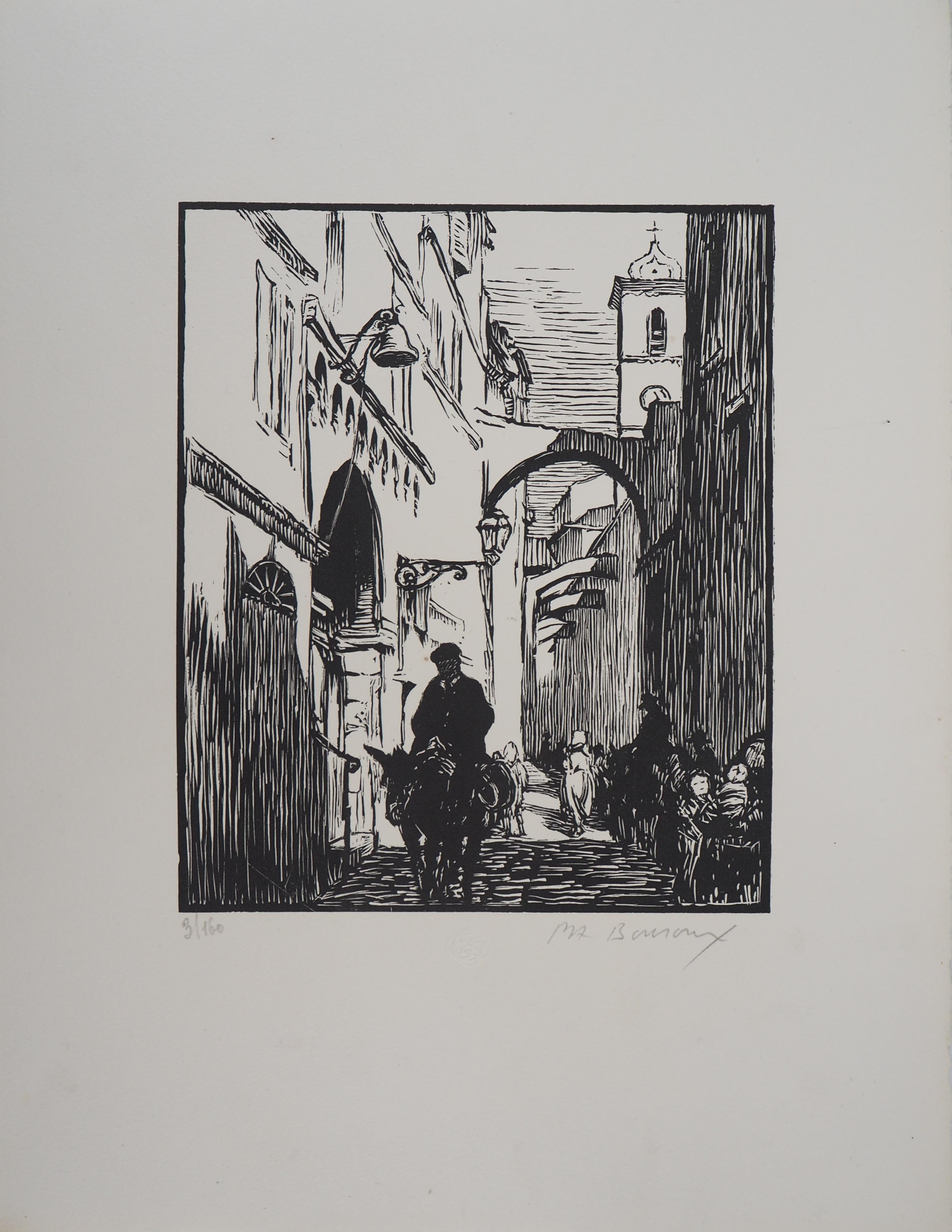Corsica : Street in Bonifacio - Original wooodcut, Handsigned & numbered /160 - Print by Paul Adrien BOUROUX