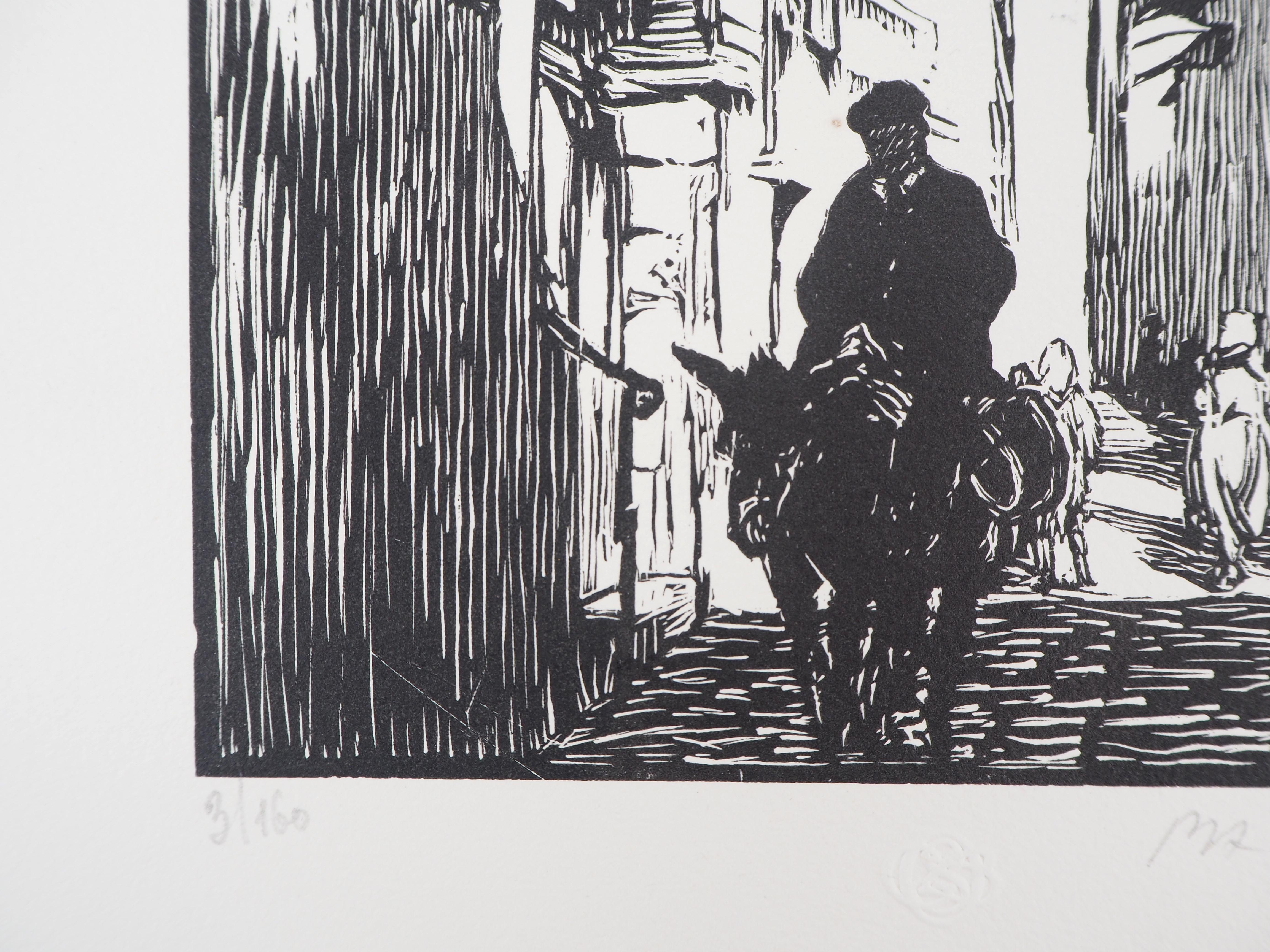 Corsica : Street in Bonifacio - Original wooodcut, Handsigned & numbered /160 - Gray Figurative Print by Paul Adrien BOUROUX
