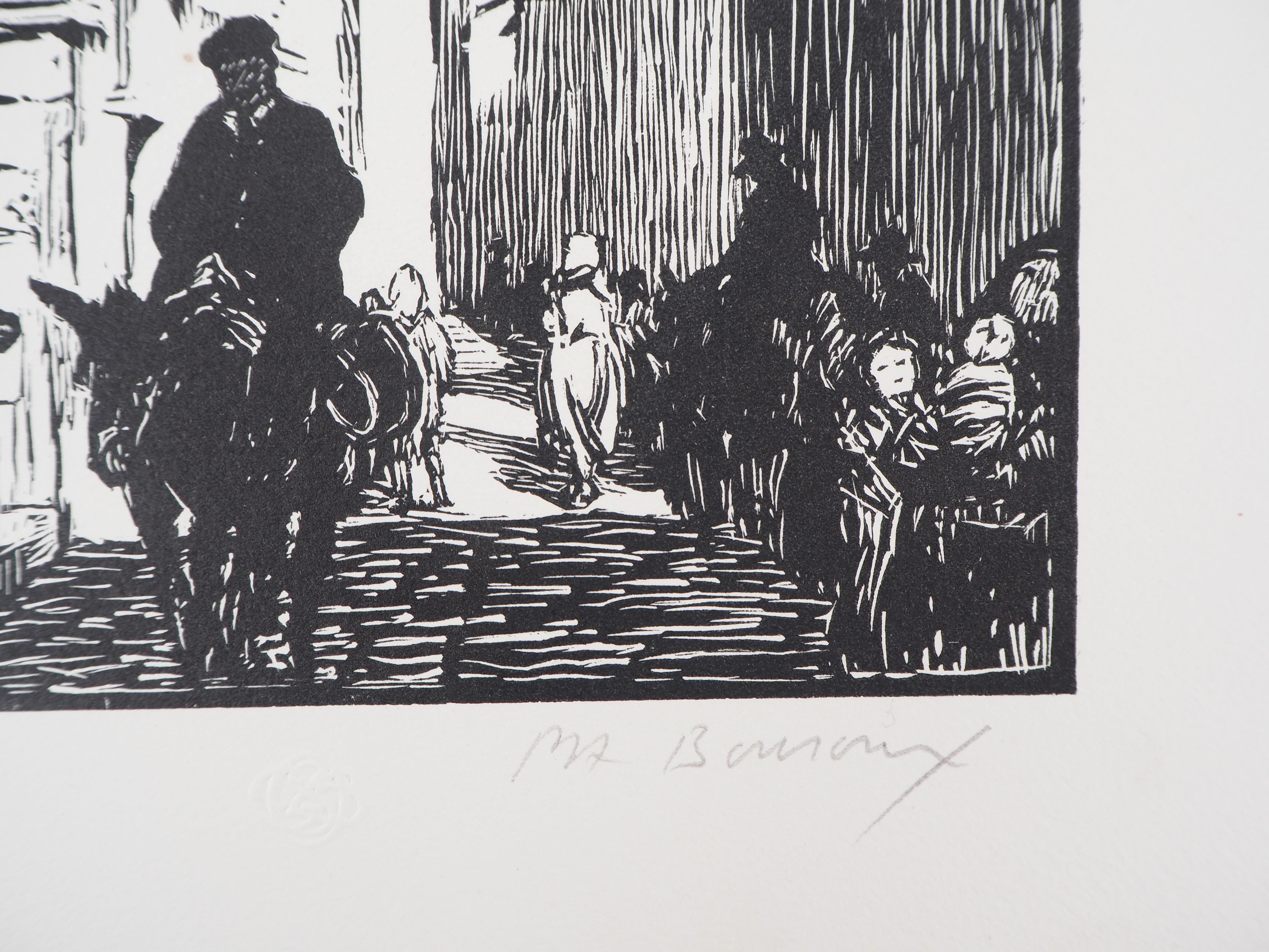 Paul Adrien BOUROUX (1878-1967)
Corsica : Street in Bonifacio, 1926

Original woodcut
Handsigned in pencil
Numbered /160
On vellum 32.5 x 25.5 cm (c. 13 x 10 in)
Bears the blind stamp of the editor 'Imagier de la Gravure sur Bois' (Lugt