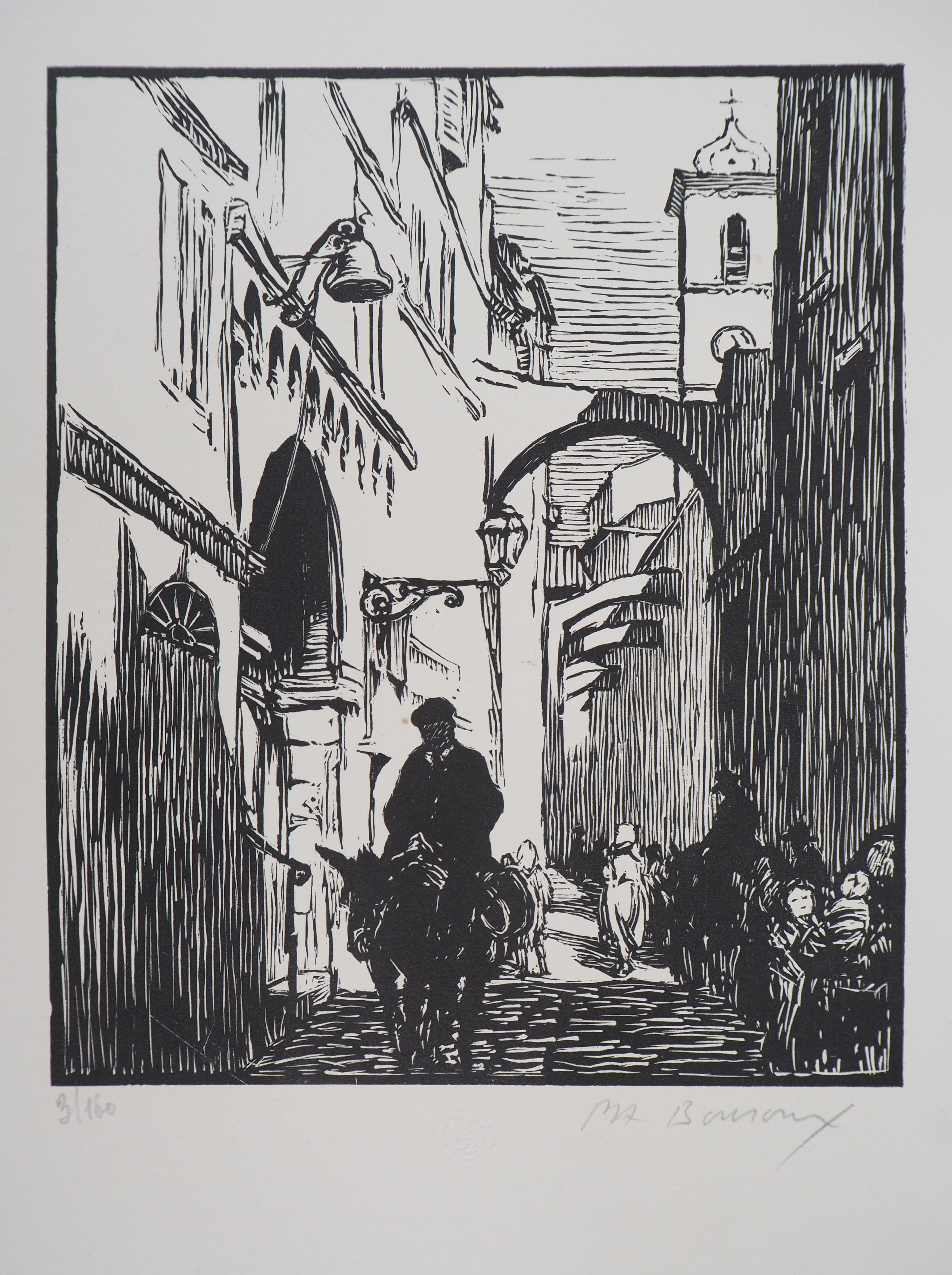 Paul Adrien BOUROUX Figurative Print - Corsica : Street in Bonifacio - Original wooodcut, Handsigned & numbered /160