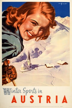 Affiche vintage originale de voyage de ski en Autriche Paul Aigner