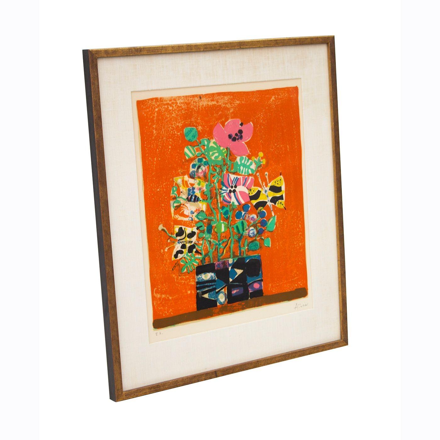 France, 1972
Paul Aizpiri (French, 1919-2016)
Original hand-signed color lithograph by Paul Aizpiri. This is a very nice floral still life in oranges and greens with a gilt frame and linen matte. Hand-signed in pencil by the artist at the lower