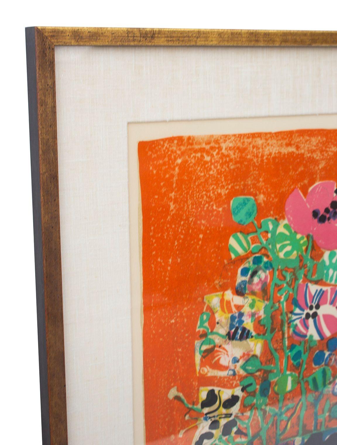 Mid-Century Modern Paul Aizpiri Hand-Signed Original Color Lithograph in Orange with Gilt Frame and