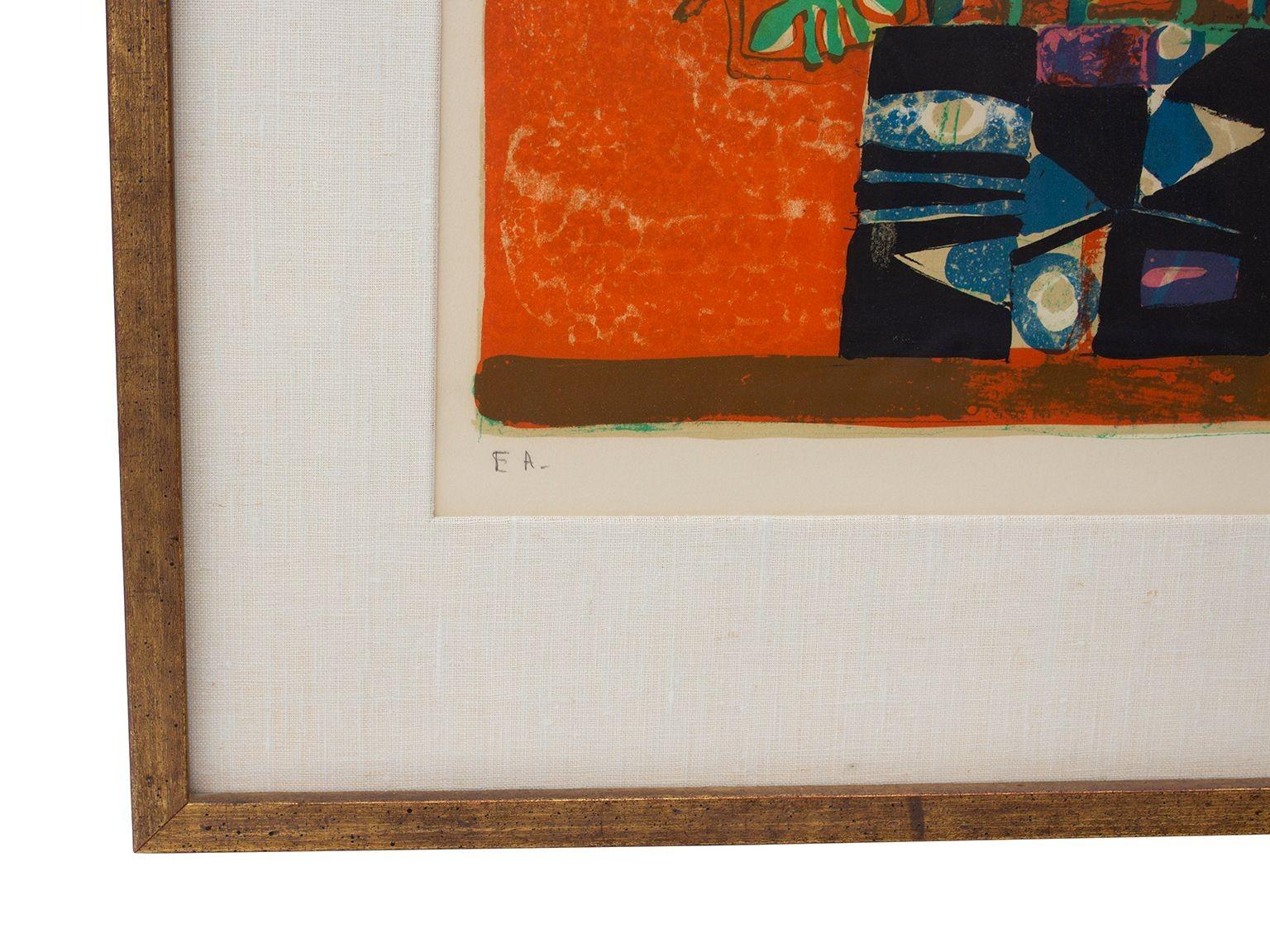 French Paul Aizpiri Hand-Signed Original Color Lithograph in Orange with Gilt Frame and