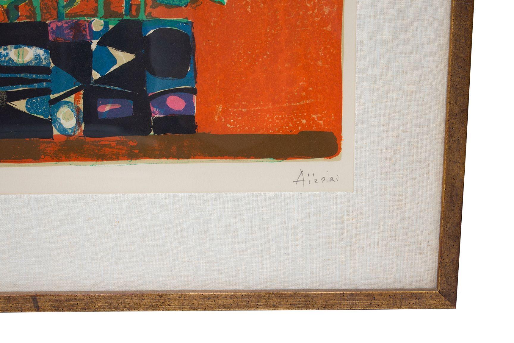 Paul Aizpiri Hand-Signed Original Color Lithograph in Orange with Gilt Frame and In Good Condition In Grand Rapids, MI