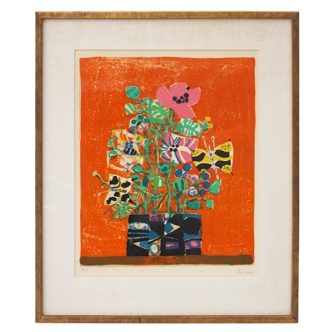Paul Aizpiri Hand-Signed Original Color Lithograph in Orange with Gilt Frame and