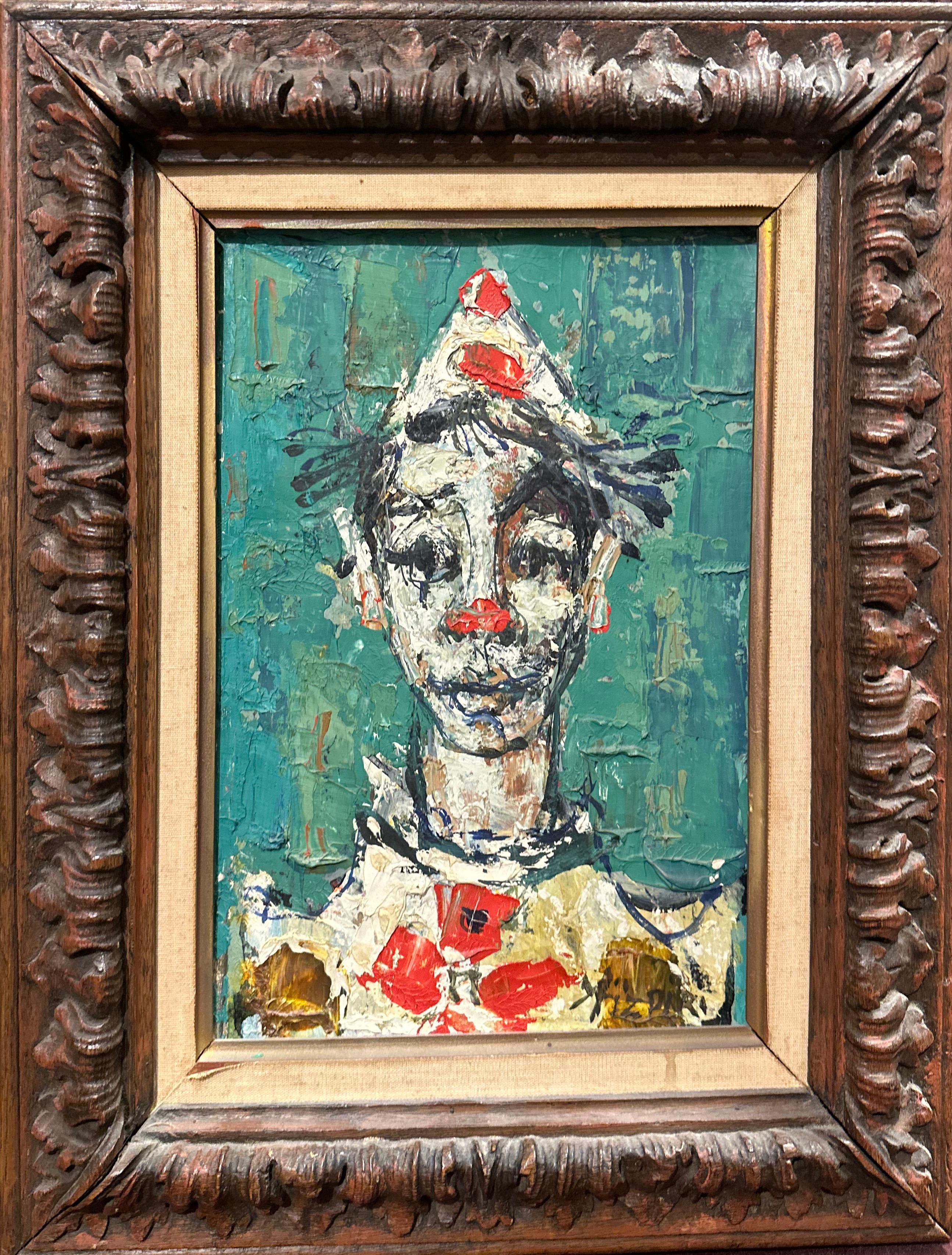 Bunte Clown in blau (Türkis) Hintergrund Öl auf Leinwand Gemälde – Painting von Paul Aizpiri