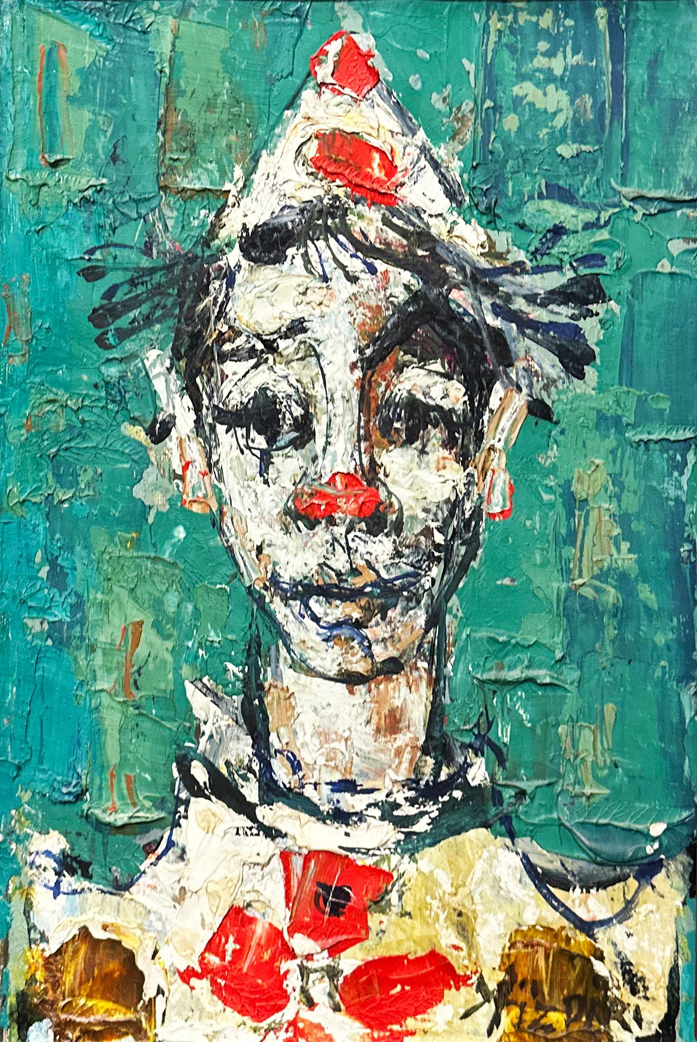 Paul Aizpiri Figurative Painting – Bunte Clown in blau (Türkis) Hintergrund Öl auf Leinwand Gemälde