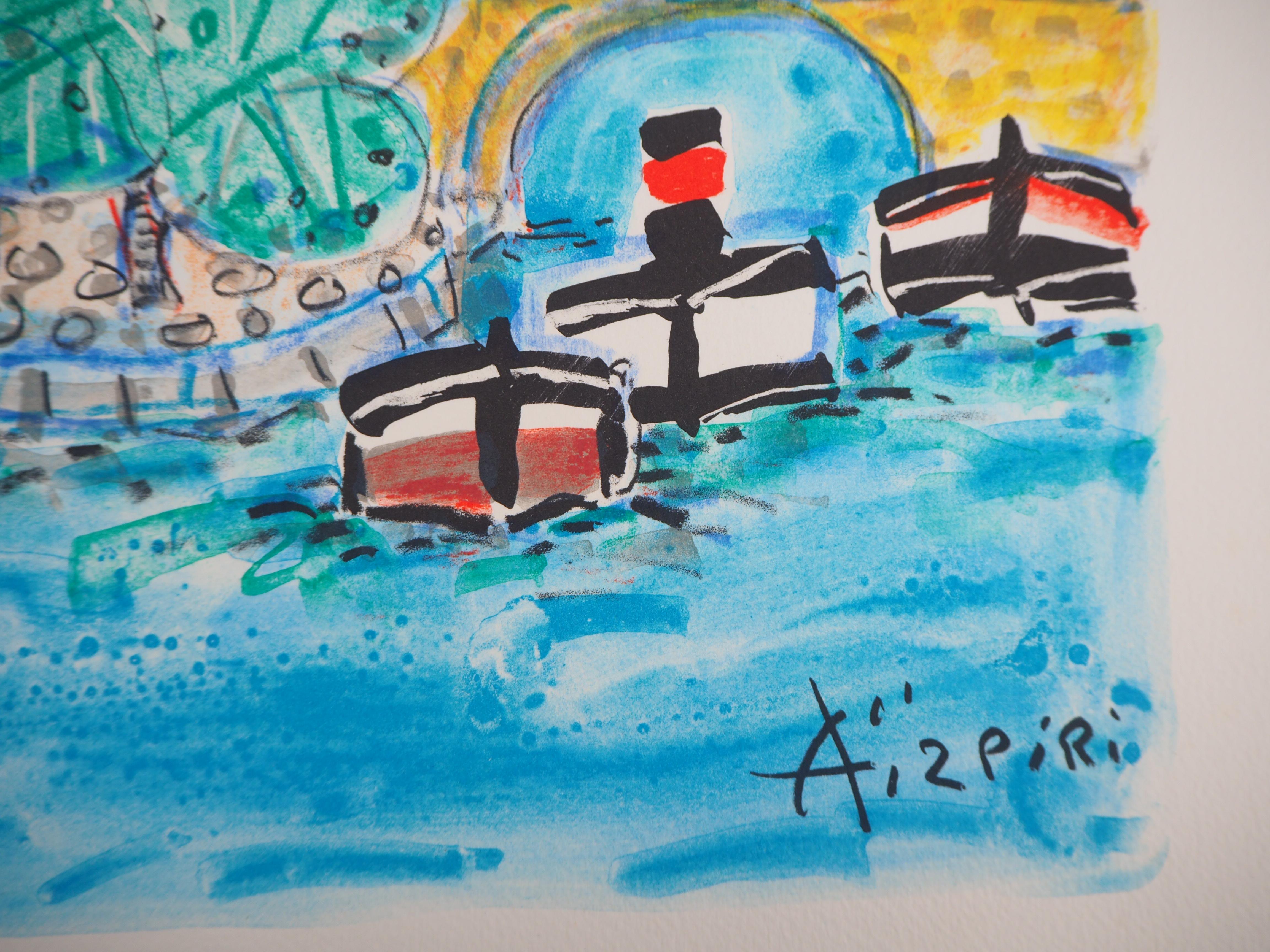 Paris : Notre Dame and Boats on the Seine River - Original lithograph - Print by Paul Aizpiri