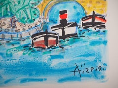 Paris : Notre Dame and Boats on the Seine River - Original lithograph