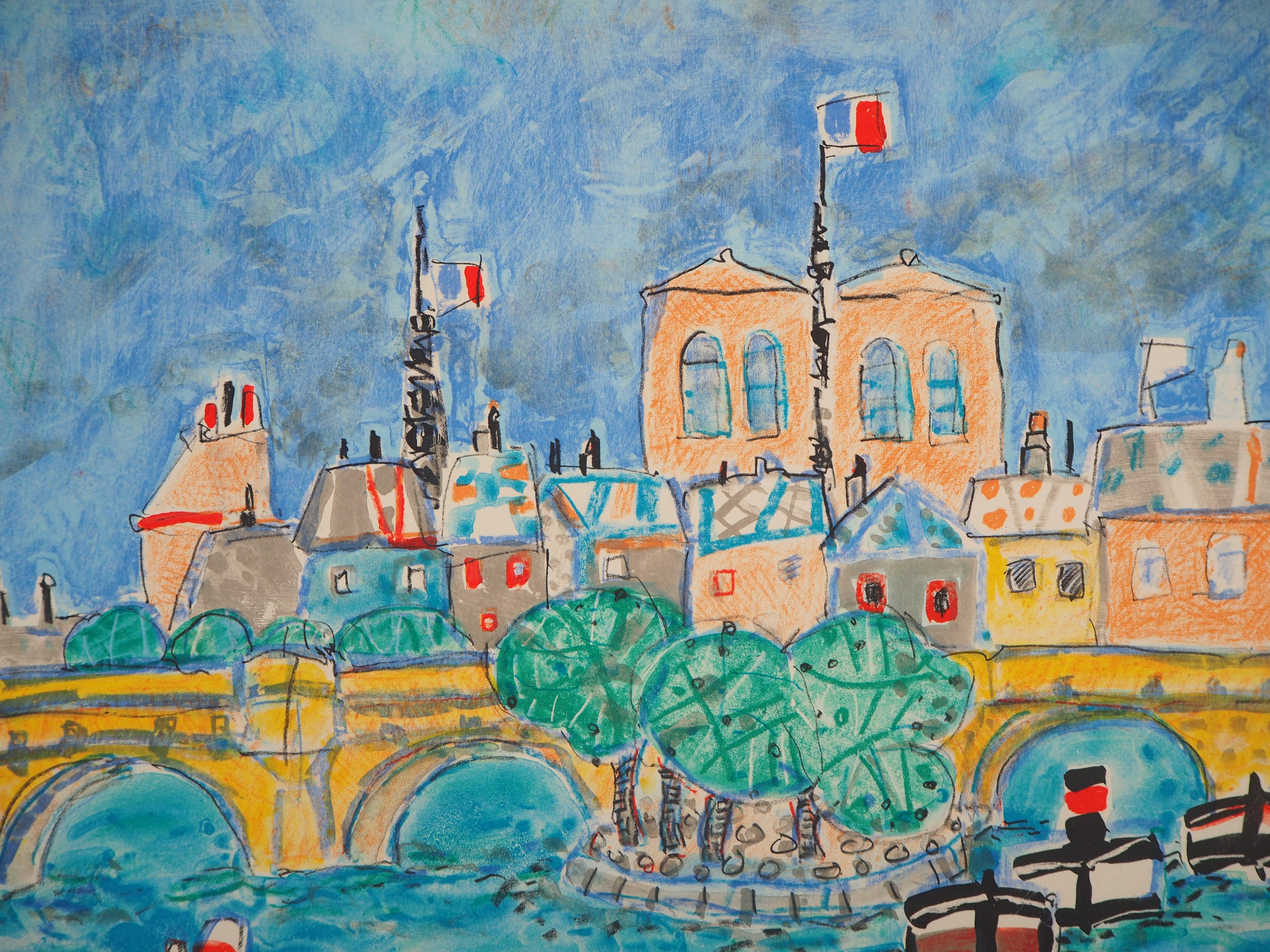 Paris : Notre Dame and Boats on the Seine River - Original lithograph - Modern Print by Paul Aizpiri