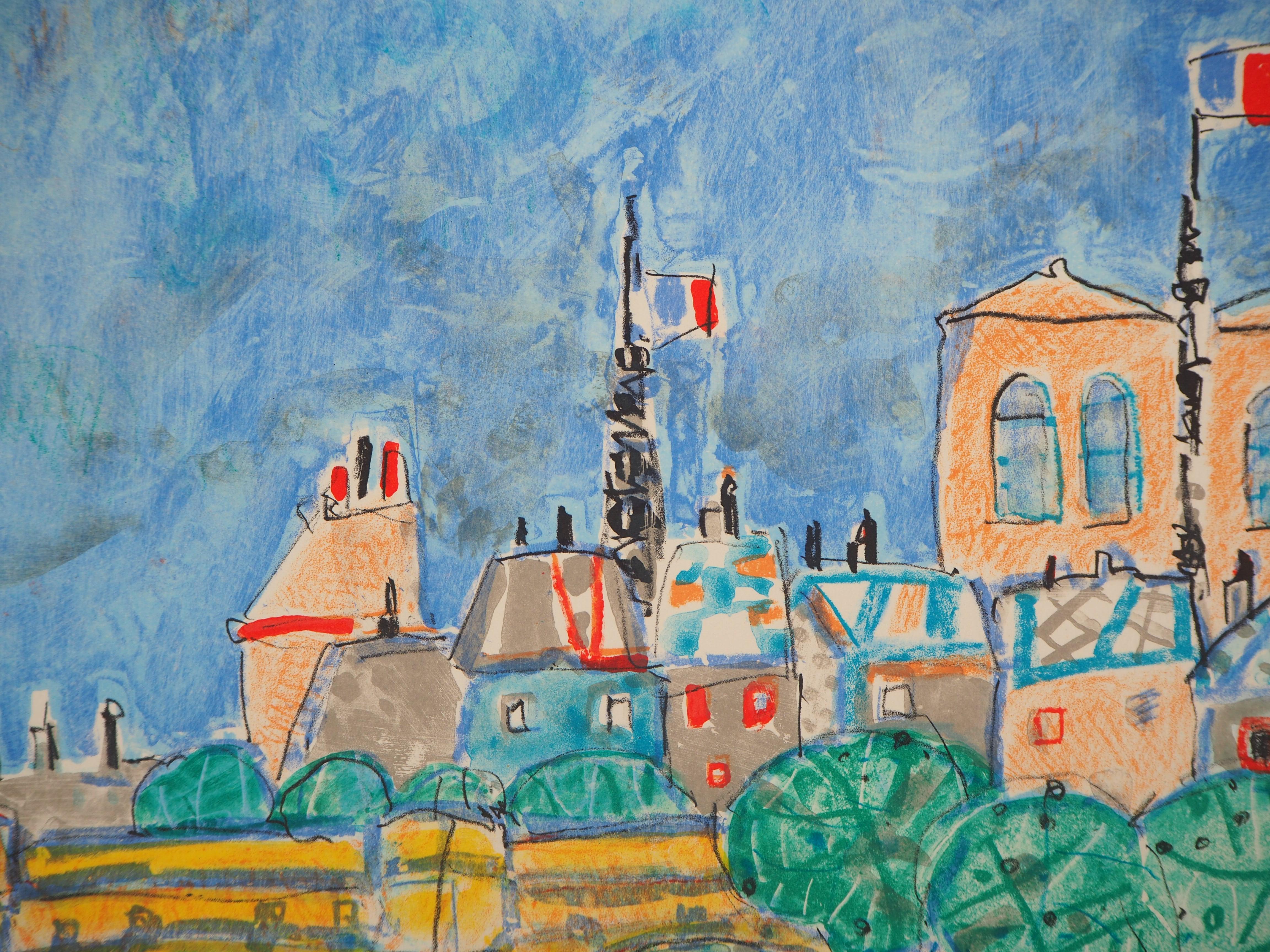 Paris : Notre Dame and Boats on the Seine River - Original lithograph - Gray Landscape Print by Paul Aizpiri